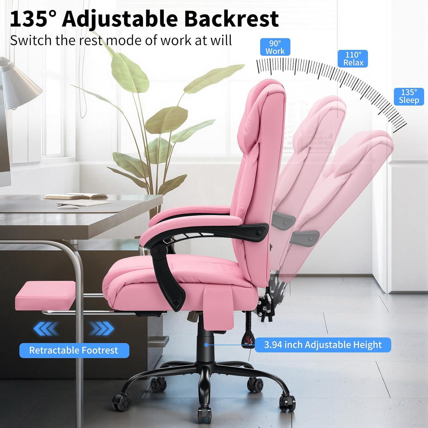 HOFFREE 400lbs Massage Office Chair with Foot Rest 6 Points Vibration Ergonomic Executive Office Chair Reclining High Back Computer Desk Chairs Pink