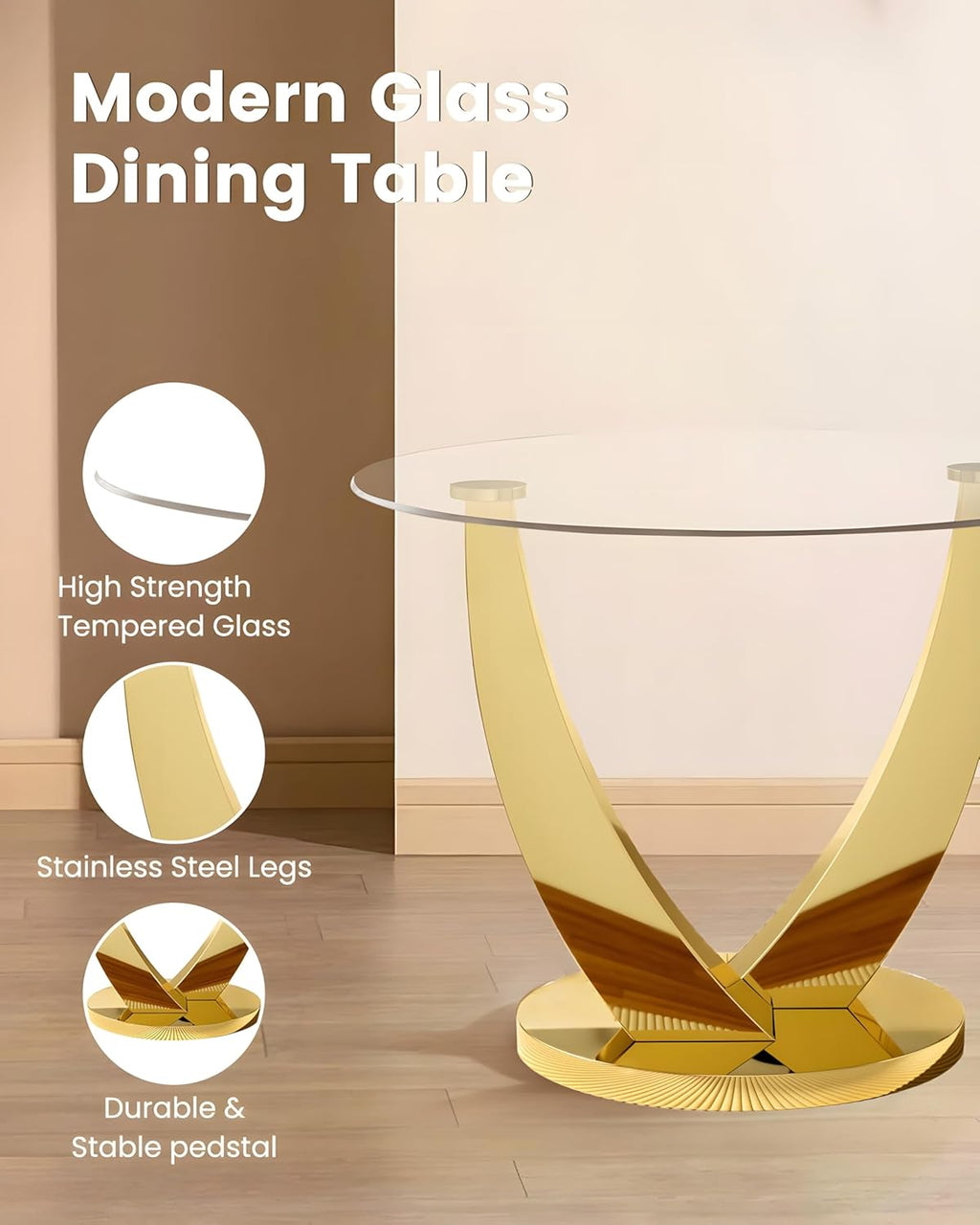 38.9" Round Glass Dining Table for 2-4, Modern Glass Dining Room Table with Tempered Glass Top & Stainless Steel Legs, Round Kitchen Table for Small Space, Apartment(Gold)