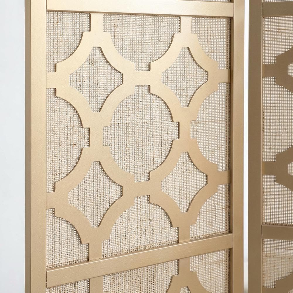 FurniFact Gold 4-Panel Wood Room Divider, Folding Screen, Fabric Panels, Diamond Design, Transitional Style, 70 Inch, Freestanding