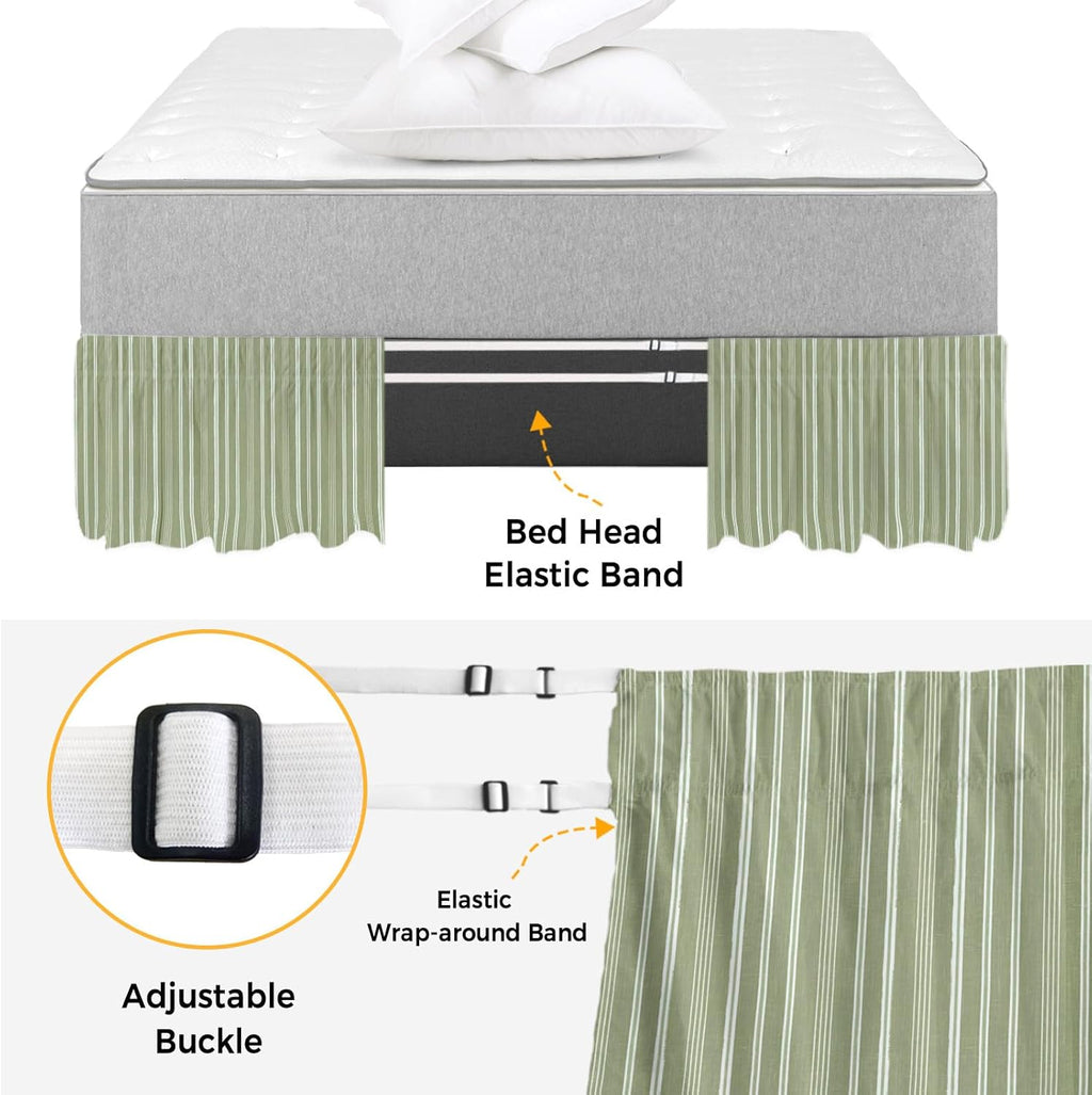 Dark Sage Green Striped Bed Skirt King Size 16 Inch Drop, Adjustable & Elastic Wrap Around Bed Skirts Pleated Dust Ruffles for Twin Full Queen Cal King Base Bed, Farmhouse Stripes Modern Vintage