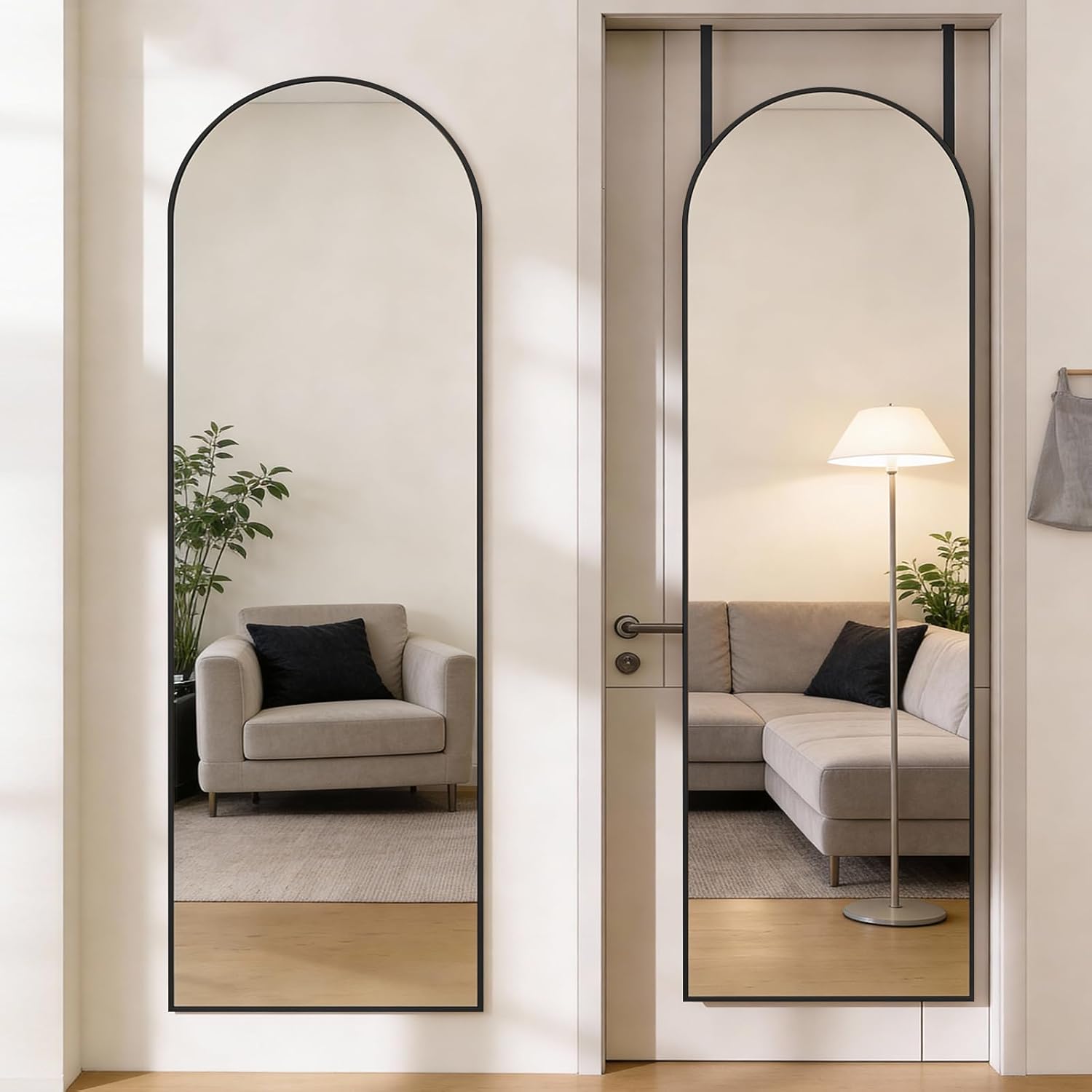 DUMOS 47"x14" Full Length Door Mirror, Arched Full Body Mirror with Aluminum Alloy Thin Frame, Leaning or Hanging, Suitable for Bedroom, Livingroom, Cloakroom, Black