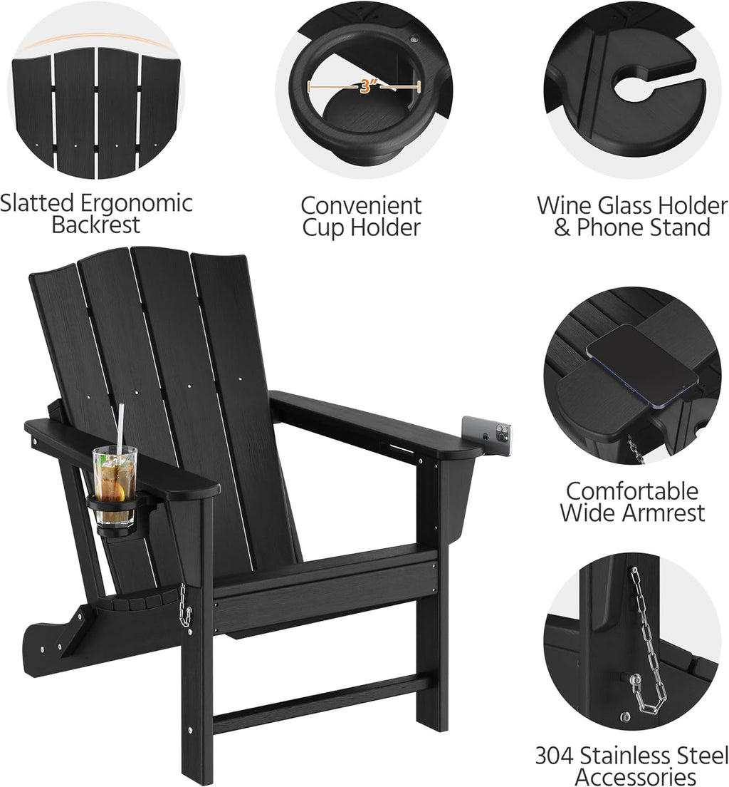 Yaheetech Folding Adirondack Chair Outdoor, HDPE Plastic Adirondack Chair with Cup/Mobile Phone Holder for Deck, Patio, Pool, Backyard, Weather Resistant, Wooden Texture, Easy Assembly Black