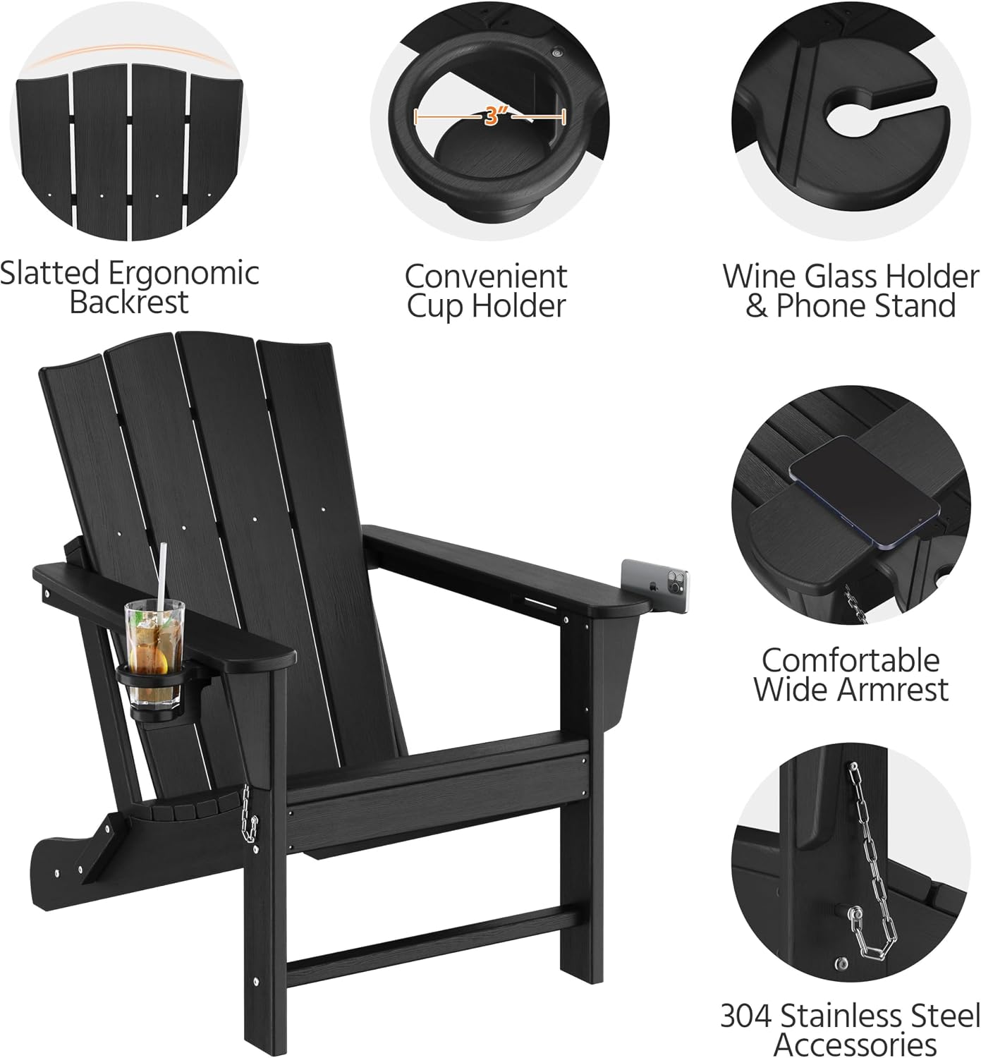 Yaheetech Folding Adirondack Chair Outdoor, HDPE Plastic Adirondack Chair with Cup/Mobile Phone Holder for Deck, Patio, Pool, Backyard, Weather Resistant, Wooden Texture, Easy Assembly Black