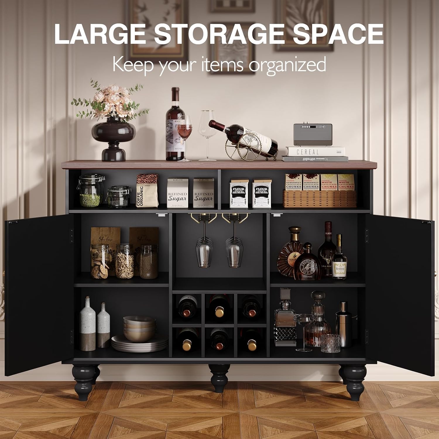 Vabches 45" Wine Bar Cabinet with Wine Rack and Glass Holder, Mid Century Modern Farmhouse Liquor Coffee Bar with Storage & Retro Square Doors, Sideboard Buffet Cabinet for Kitchen Dining Room, Black