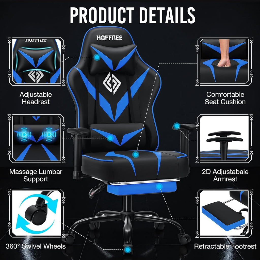 Massage Gaming Chair 155°Reclining Computer Chair Ergonomic Game Chair-Blue | Adjustable Armrests,Footrest,Pocket Spring Cushion,Ergonomic Comfy,for Home/Office,for Kids/Adults,Multiple Colors Available