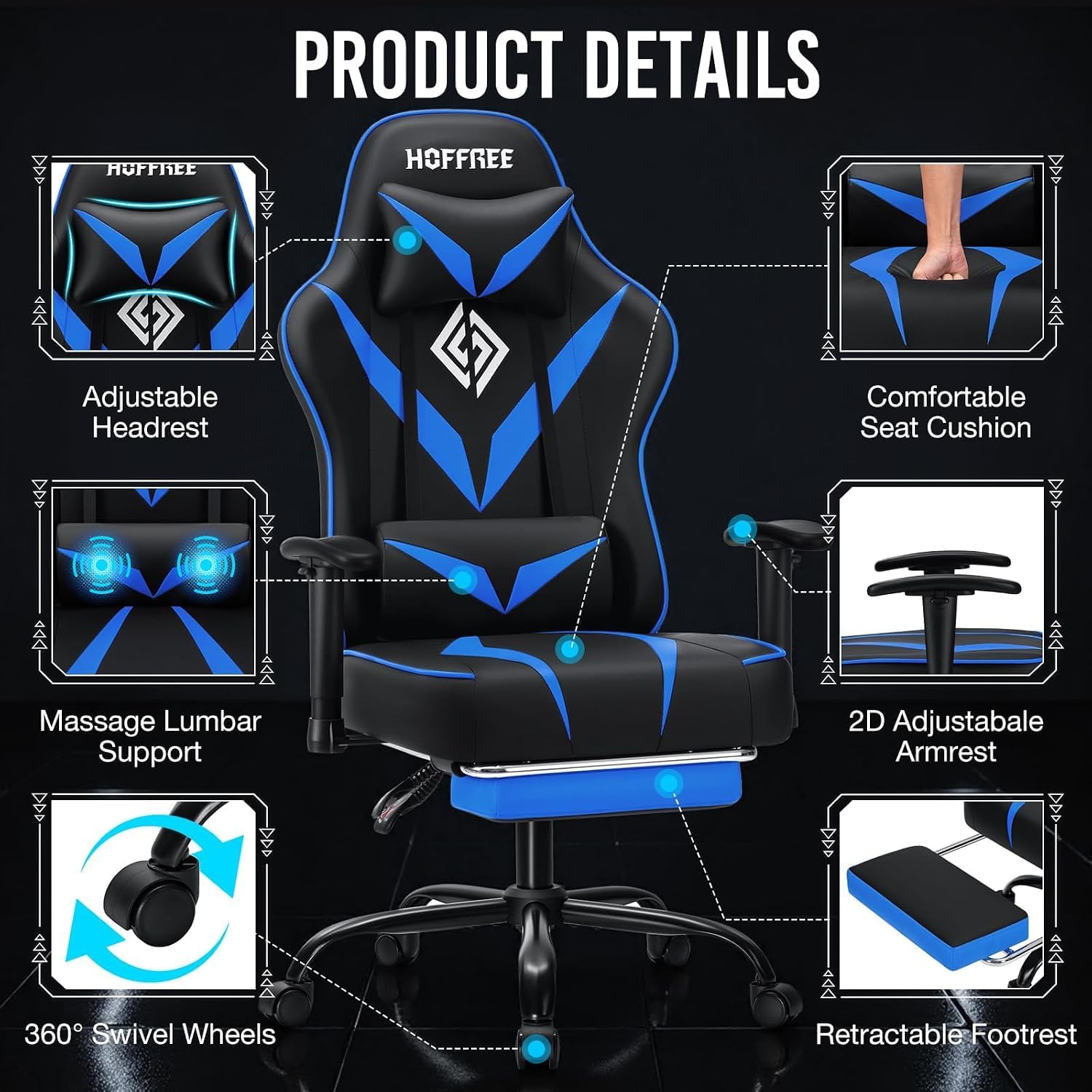 Massage Gaming Chair 155°Reclining Computer Chair Ergonomic Game Chair-Blue | Adjustable Armrests,Footrest,Pocket Spring Cushion,Ergonomic Comfy,for Home/Office,for Kids/Adults,Multiple Colors Available
