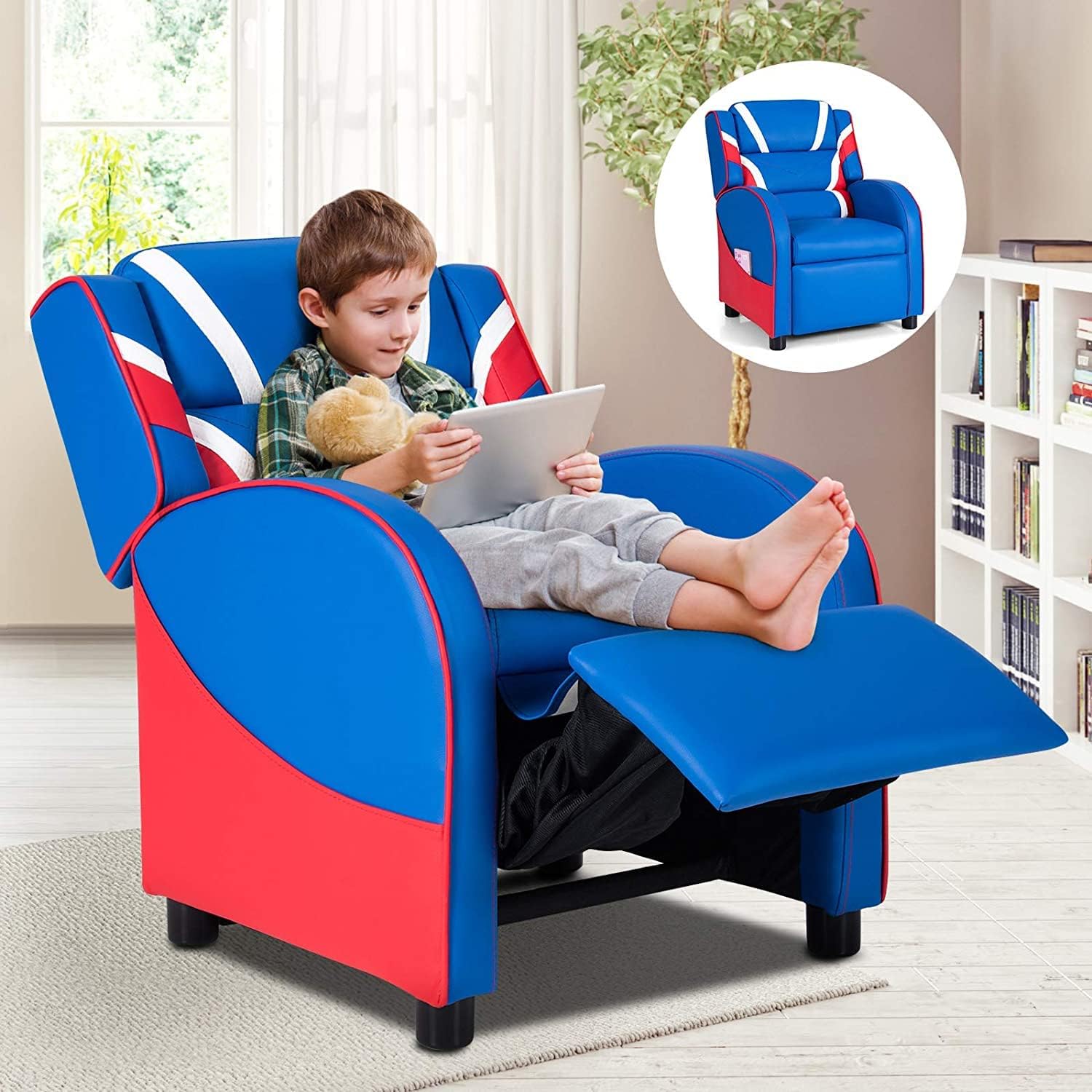 GLACER Kids Recliner, Youth Gaming Recliner w/Headrest, Footrest, Lumbar Support, Side Pockets, Adjustable Recliner Sofa for Kids, Toddler Lounge Chair for Living Room, Gaming Room Boys Girls (Blue)