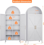 72.8" H White Metal Arched Pantry Cabinet, 30.7" W, 2-Door | Kitchen storage cupboard with 6 adjustable shelves, and anti-tip kit for pantry, dining, laundry, or bath, Assembly Required