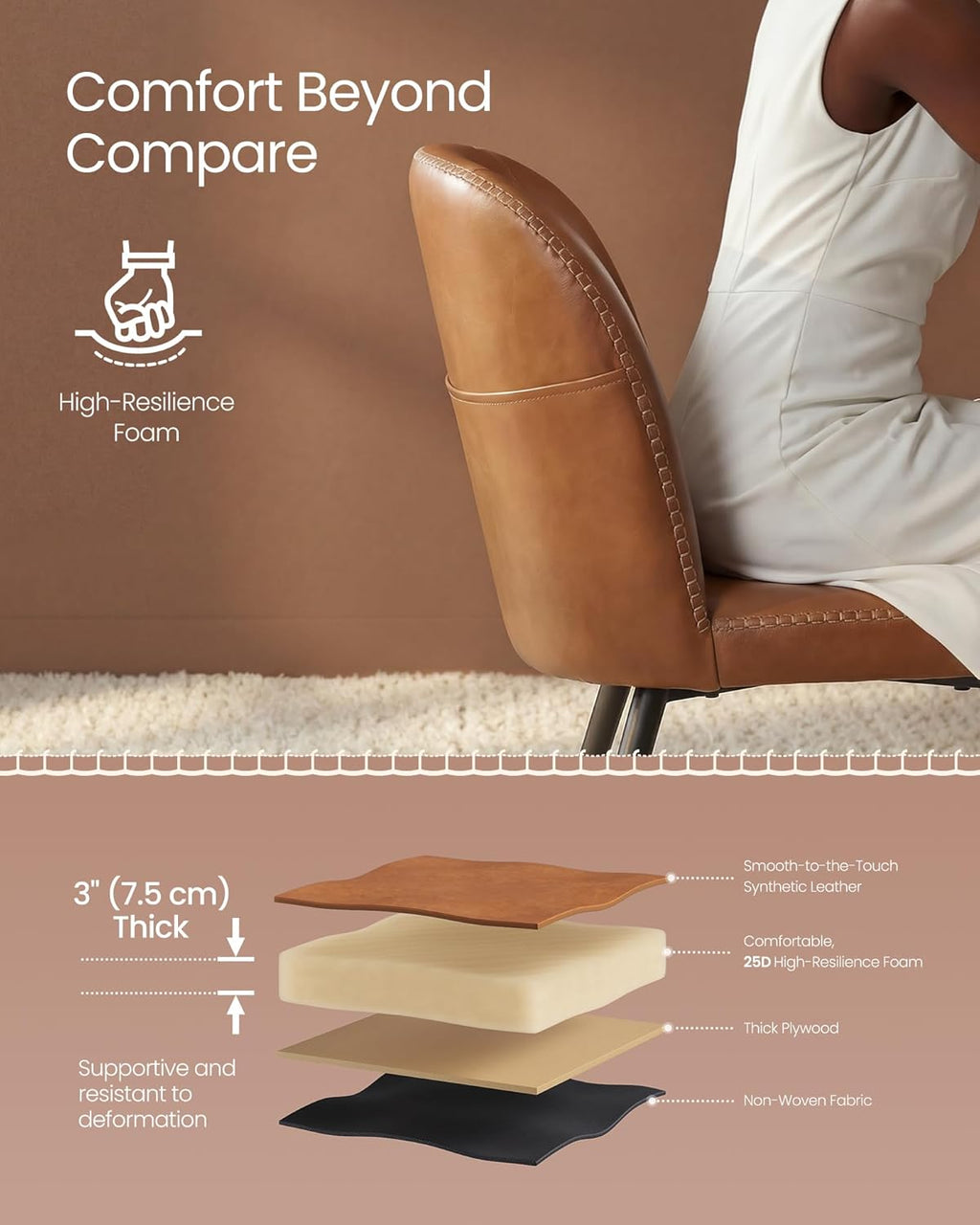 VASAGLE EKHO Collection - Dining Chairs Set of 2, Upholstered Kitchen Chairs, Comfortable Seat, Synthetic Leather with Stitching, Mid-Century Modern, with Storage Pocket, Caramel Brown UKDC190KN01