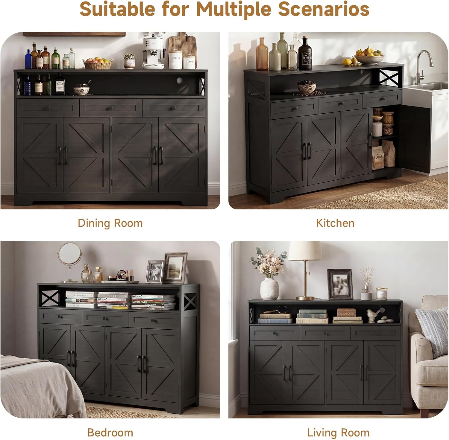 Sideboard Buffet Cabinet with Storage, 55" Kitchen Buffet Cabinet with Charging Station, Farmhouse Coffee Bar Station with Drawers and Doors, Credenza for Kitchen Living Room Entryway, Dark Brown