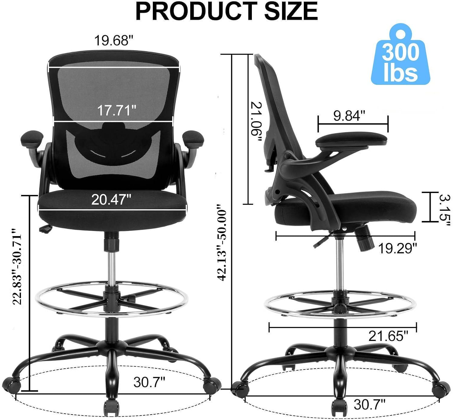 Drafting Chair, Tall Office Chair for Standing Desk, Ergonomic Standing Desk Chair with Flip-up Armrests, Counter Height Office Chair with Footrest and Adjustable Lumbar Support