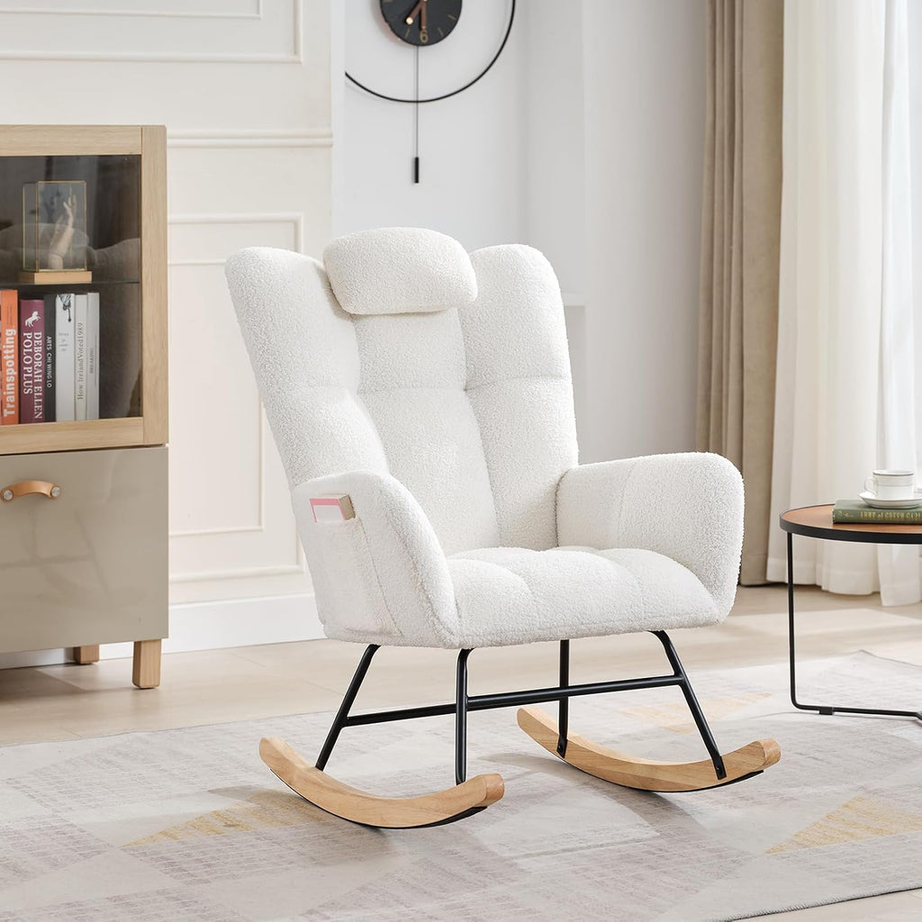 Nursery Teddy Rocking Chair, Soft Upholstered Glider Rocker for Adults, Space-Saving Nursing Chair for Living Room, Bedroom, and Classroom Use, Beige