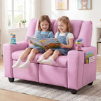 Olakids Kids Recliner, Double Toddler Lounge Chair with 105° to 150° Adjustable Backrest Cup Holder Footrest Side Pockets, PU Leather Children Couch (Pink)