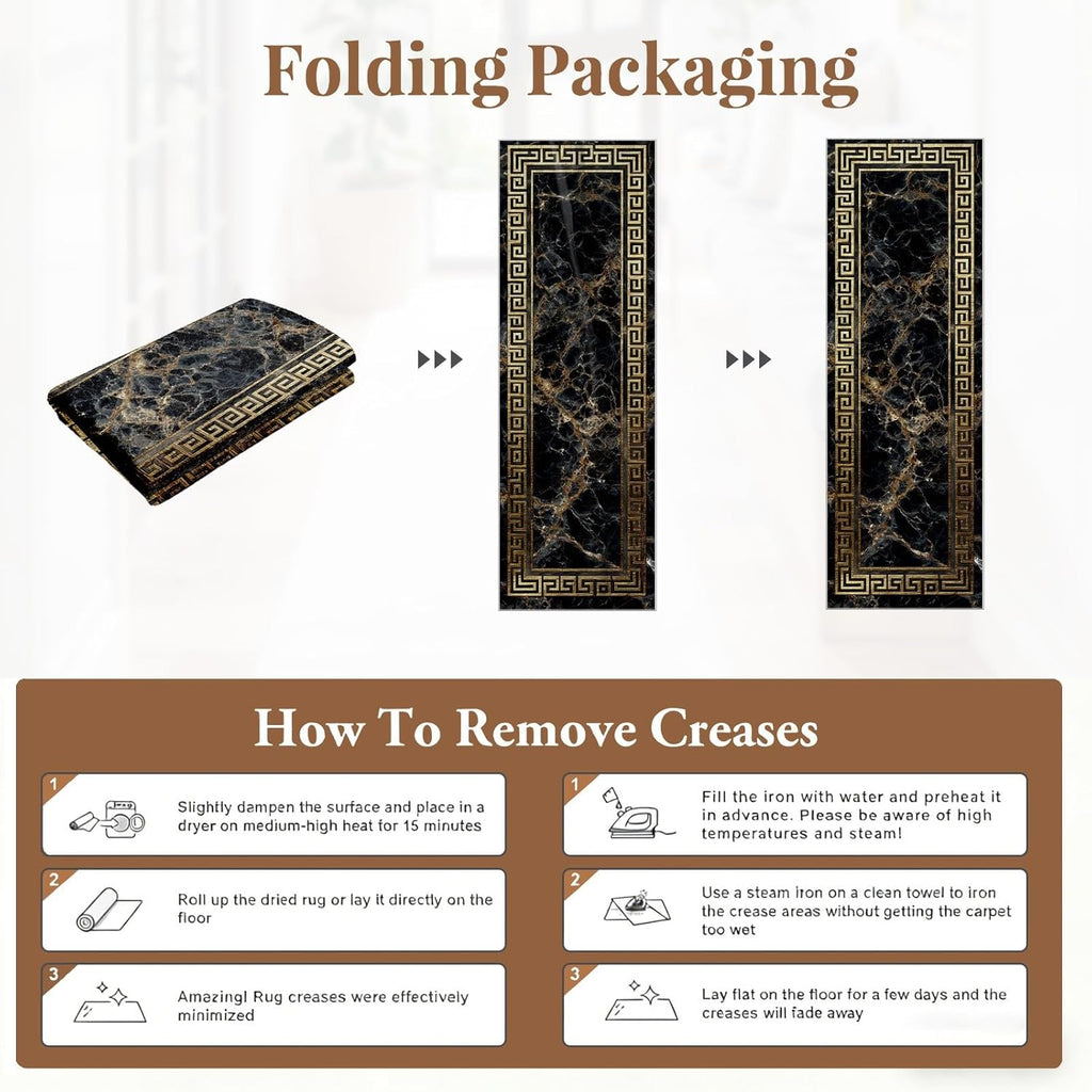 Greek Key Runner Rug 2x10 Washable Runners for Hallways, Non Slip Kitchen Runner Marble Printed Faux Wool Entryway Runner Indoor, Modern Black and Gold Floor Carpet for Hall Kitchen Bedroom