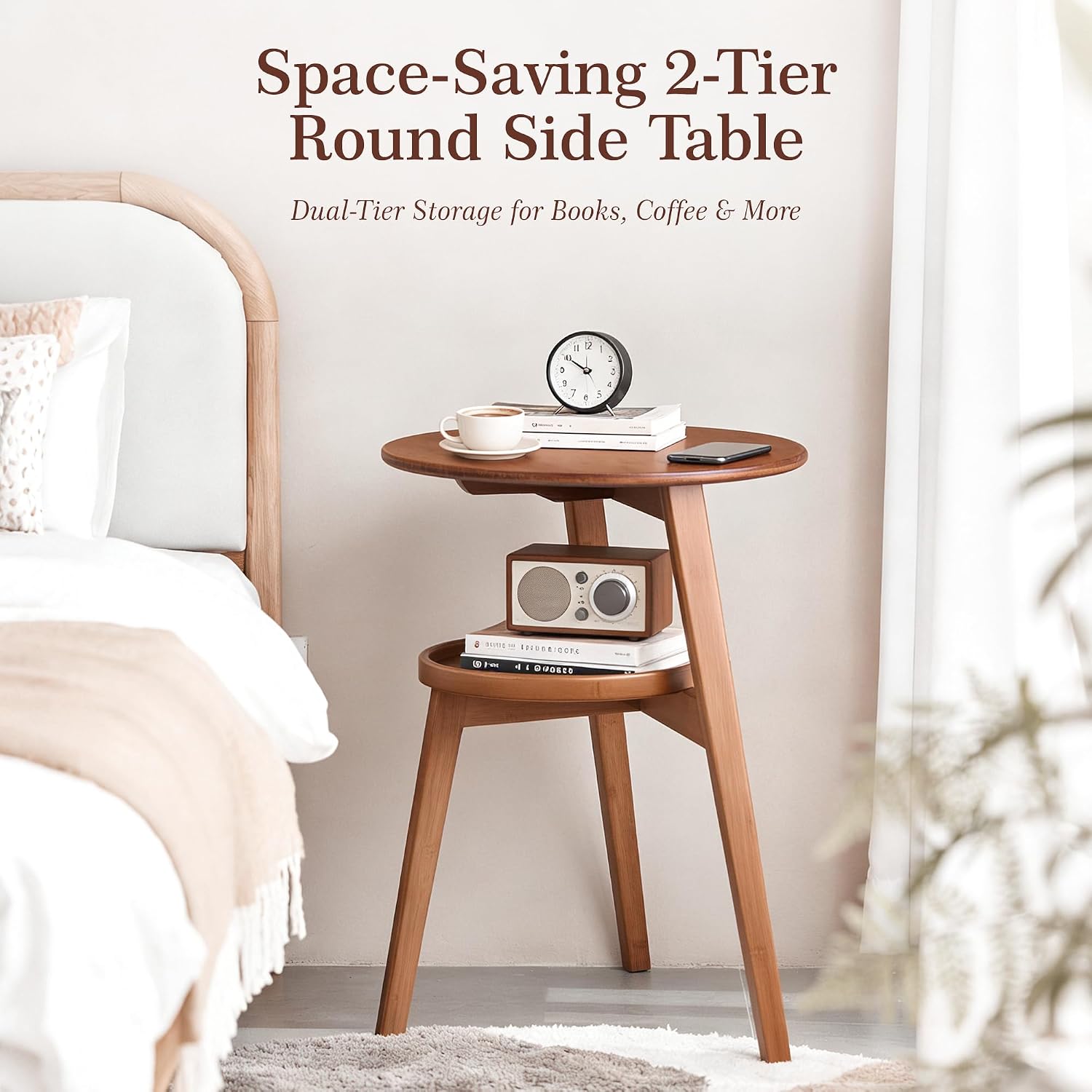 Bamboo Round Side Table, 2-Tier Small Space End Table with Storage Shelf, Mid-Century Modern Rustic Style Narrow Table for Living Room Bedroom Sofa Side