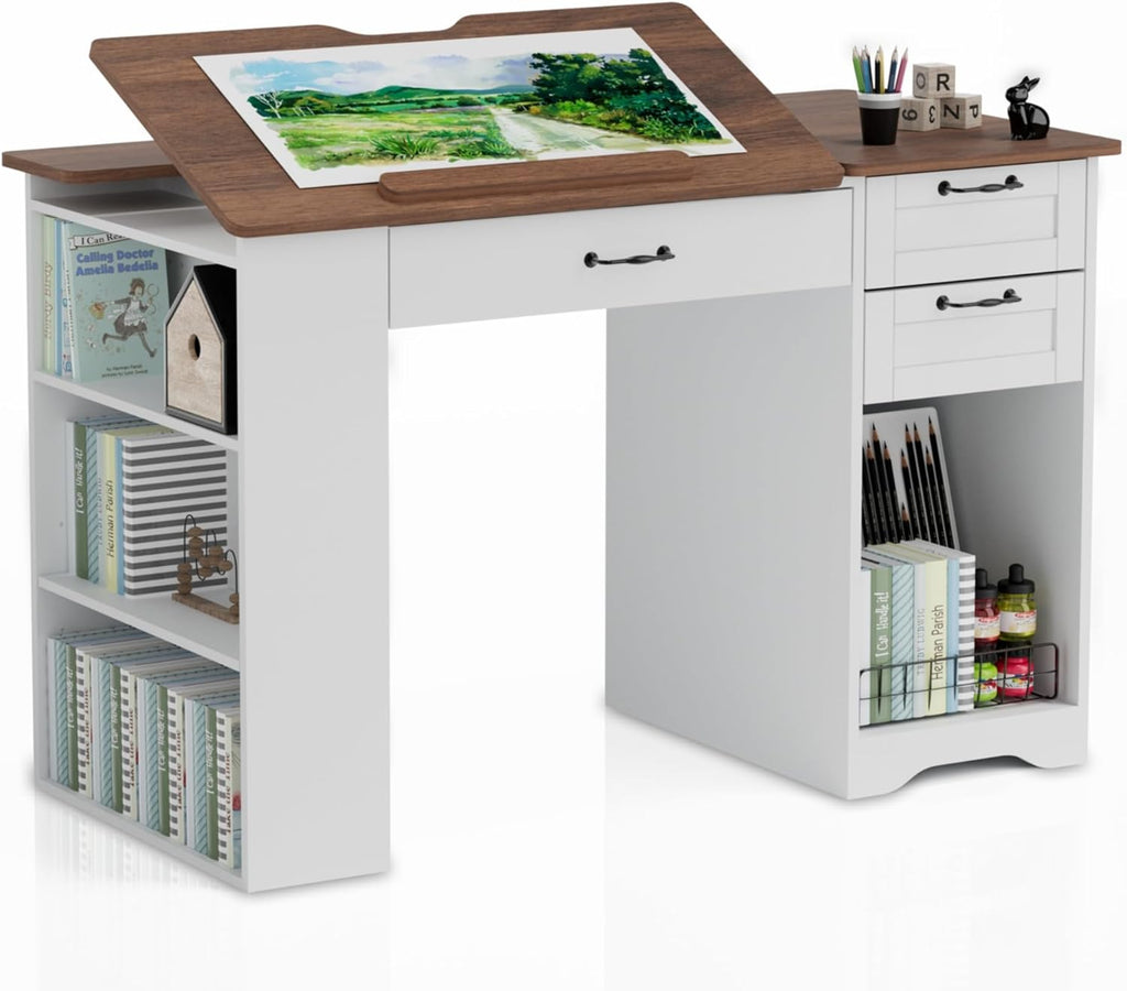 Drafting Table with Storage Cabinet & Drawers, Adjustable Drawing Table with Open Shelves, Craft Art Desk for Artists, Painters, Drawing, Crafting, Reading, Writing, Working