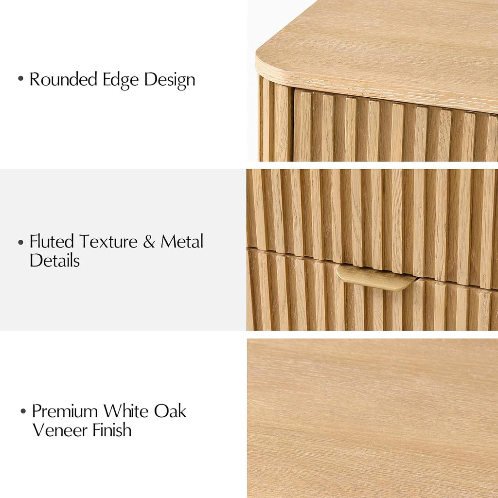 Fluted End Table Set of 2 with 3 Drawers, Solid Wood End Tables with Charging Station, USB Type-C Ports & Metal Base, Modern Beside Tables for Living Room, Natural