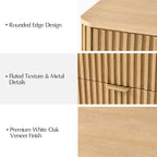 Fluted End Table Set of 2 with 3 Drawers, Solid Wood End Tables with Charging Station, USB Type-C Ports & Metal Base, Modern Beside Tables for Living Room, Natural