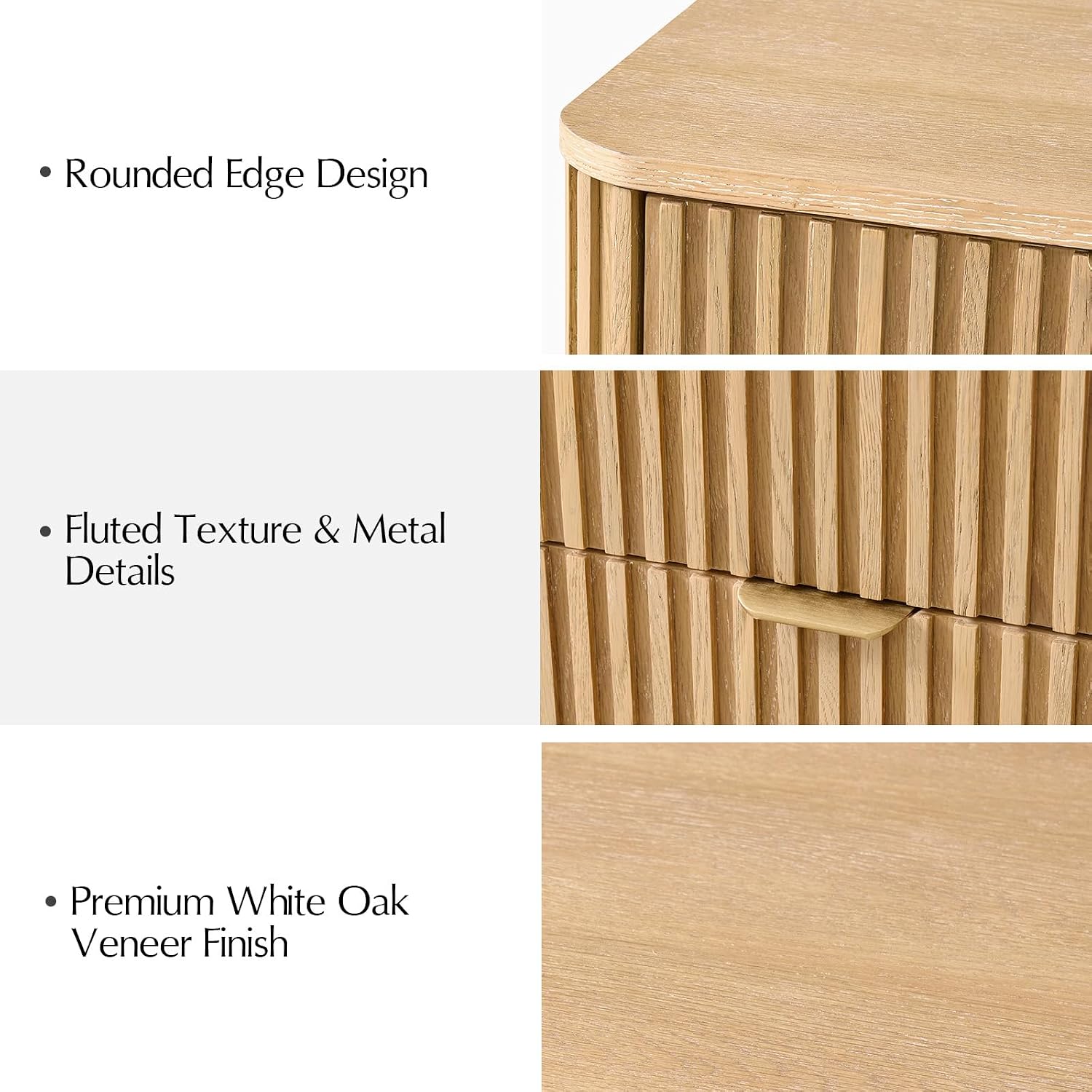 Fluted End Table Set of 2 with 3 Drawers, Solid Wood End Tables with Charging Station, USB Type-C Ports & Metal Base, Modern Beside Tables for Living Room, Natural