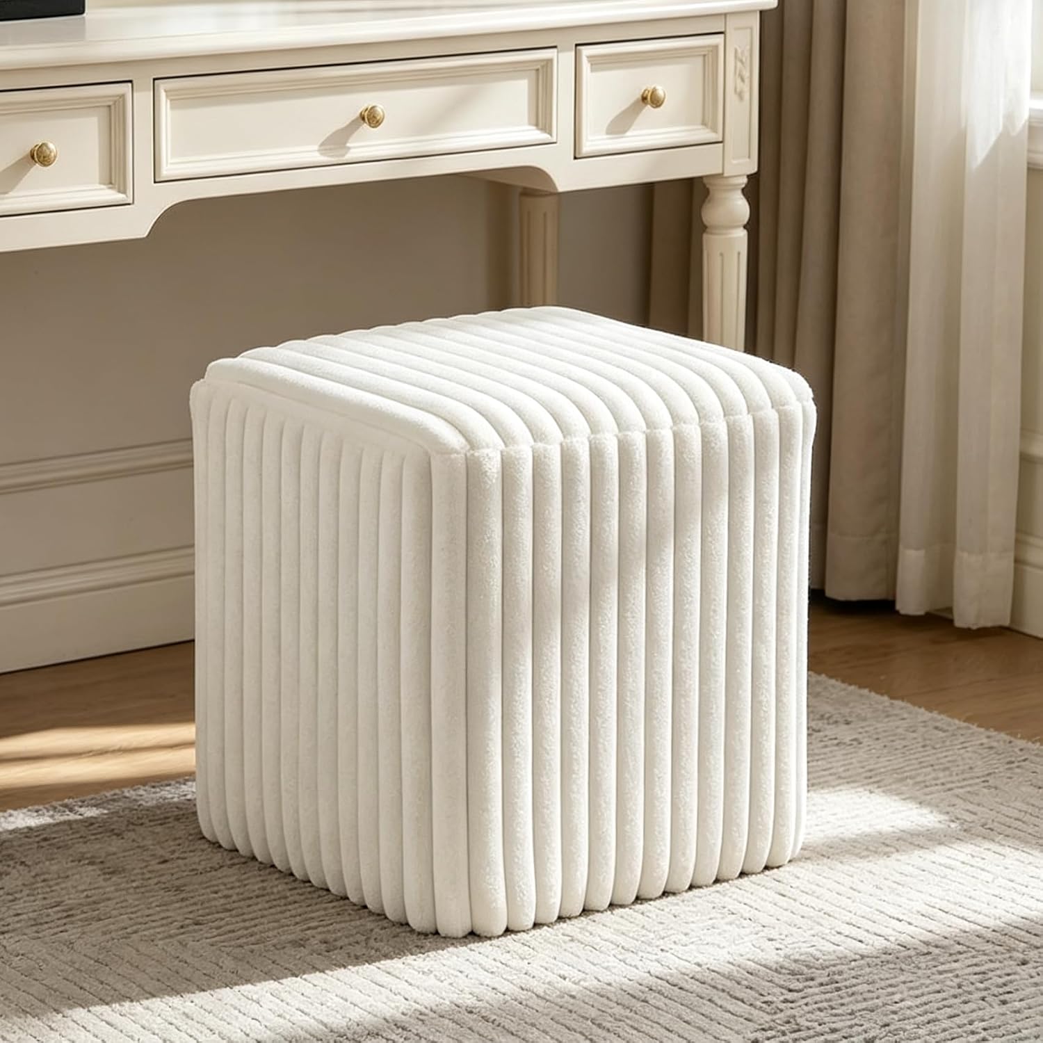 YDcosyfy Modern Square Ottoman, Vertical Channel Tufted Foot Stool Ottoman, Velvet Upholstered Vanity Stool for Makeup, Bedroom, Living Room, White