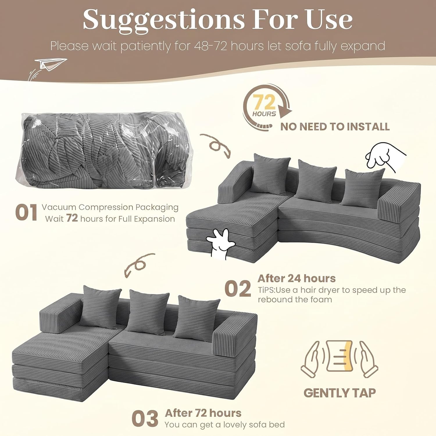 Modular Floor Sofa, 4-in-1 Convertible L-Shaped Sectional Couch, Waffle Texture Foldable Futon Mattress Daybed, No Assembly 1800lbs Heavy Duty Sleeper Sofa for Living Room, Dorm