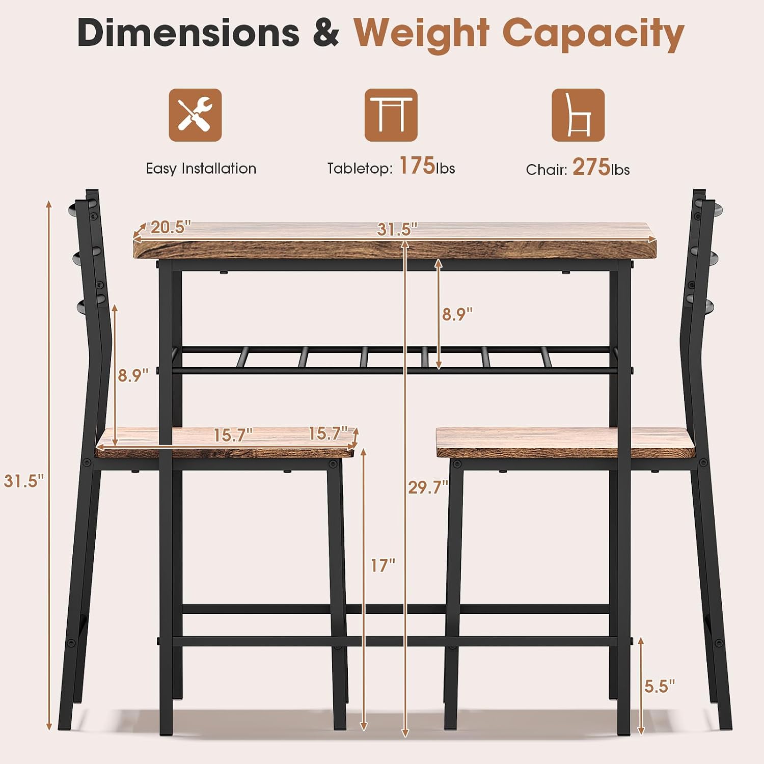 Fenbeli 3 Piece Dining Table Set - Small Kitchen Table & Chair Sets for 2, Breakfast Table Set w/Steel Frame, Built-in Storage Rack for Dining Room, Living Room, Apartment (Brown, Small)