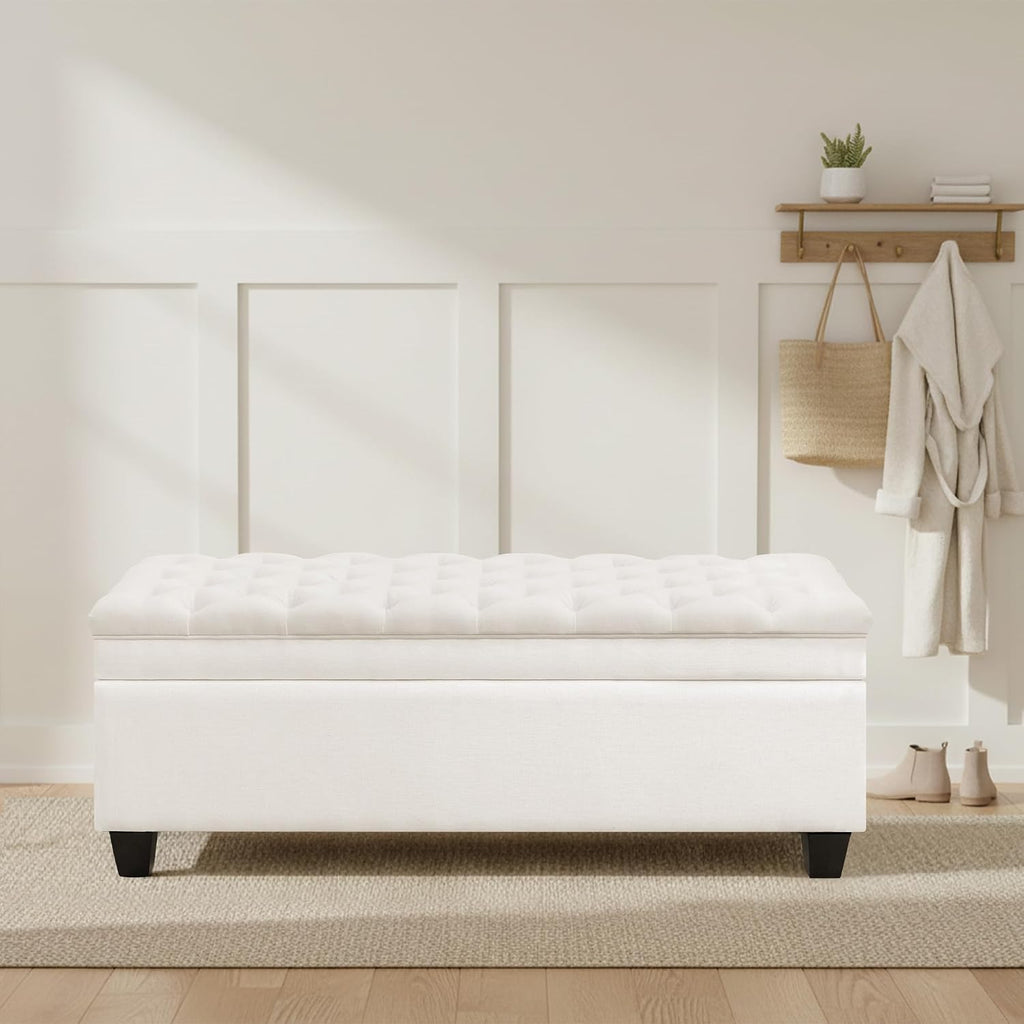 50" Storage Ottoman Bench, Rectangular End of Storage Bench, Upholstered Large Fabric Tufted Ottoman with Storage for Living Room, Bedroom, Entryway,Wihte