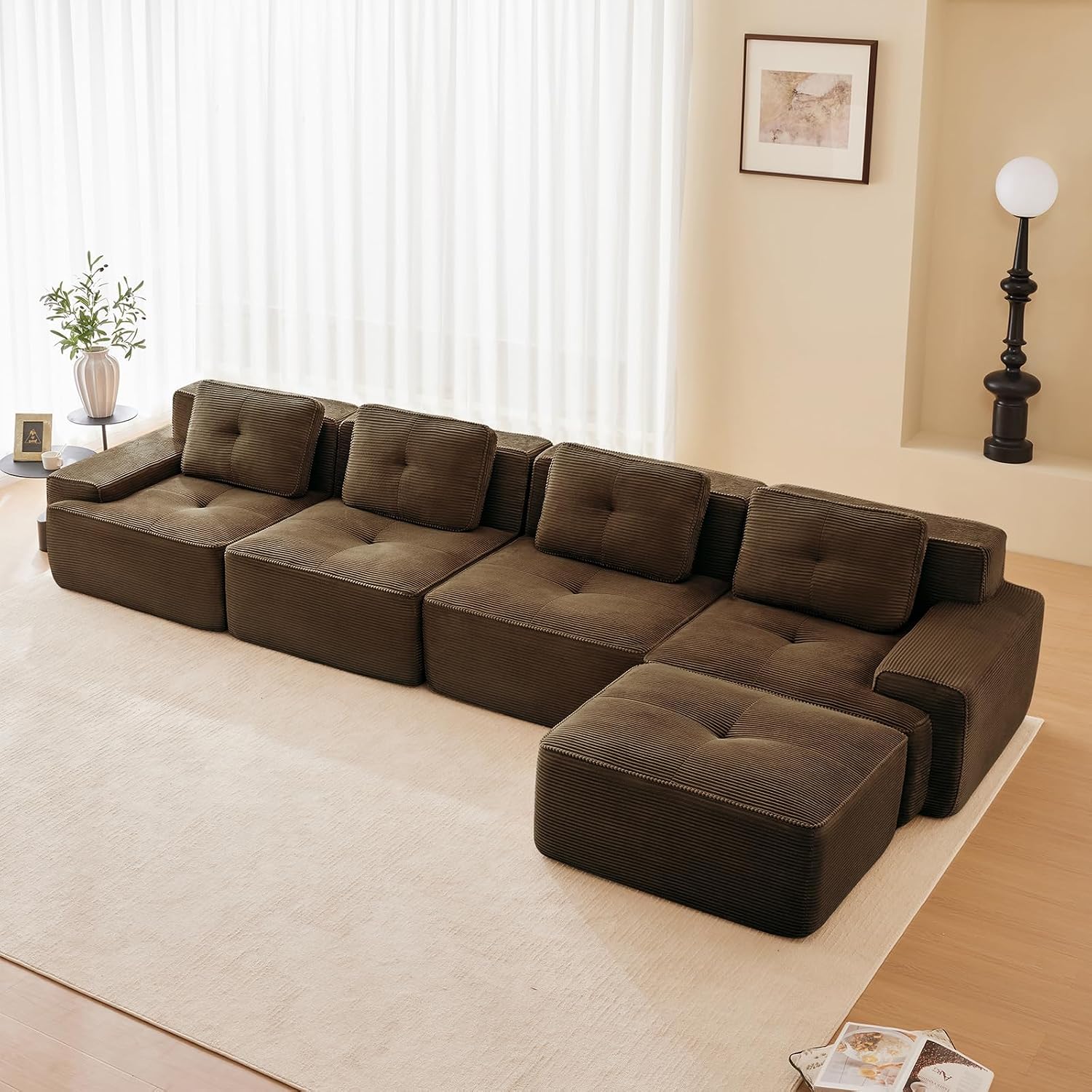Brown Ottoman for Modular Sectional Sofa, Corduroy Deep Seat for Oversized Compressed Boneless Sectional Couches for Living Room Bedroom Apartment, Cloud Sofa Couch, Memory Foam, No Assembly
