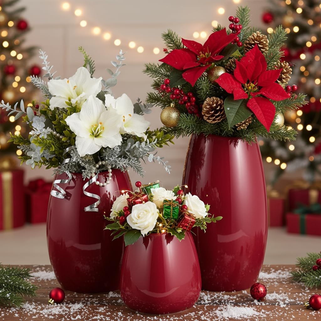 hjn Ceramic Vase Set of 3 Red Flower Vase for Home Decor, Modern Decorative Vase for Flowers Vases for Your Ideal Shelf Decor/Table/Living Room/Kitchen/Office-Red…