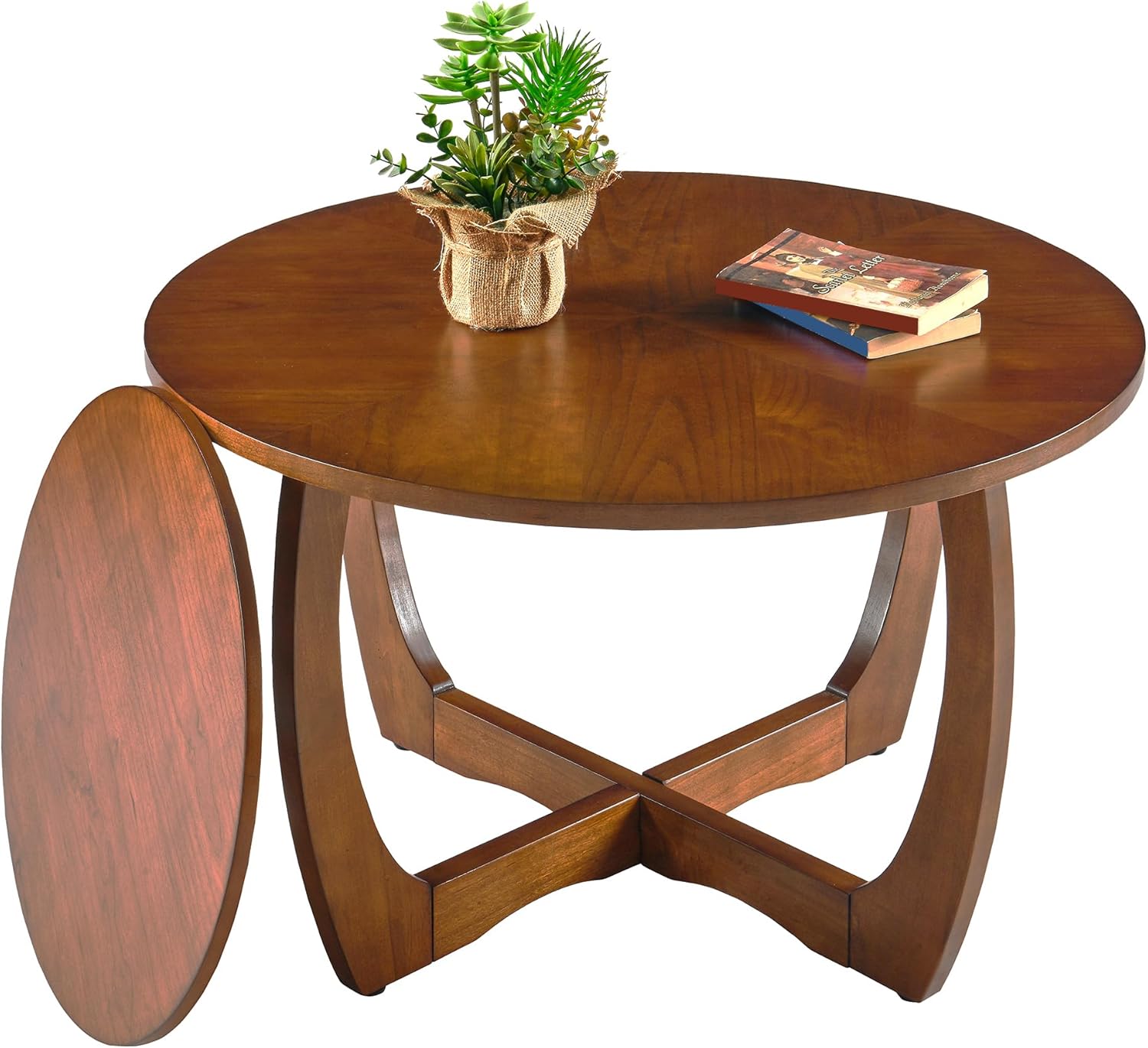 29.5" Round Coffee Table, 2-Tier Circle Coffee Table with Storage Removable Lower Shelf, Solid Wood Accent Center Table for Living Room, Curved Cross Legs & Walnut Finished, Easy Assembly, Dark Brown