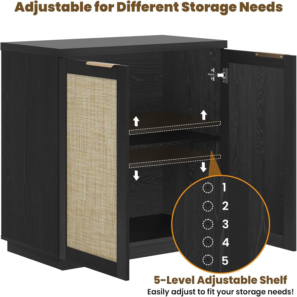 HOMMPA 31.5'' Sideboard Buffet Cabinet with Storage Boho Kitchen Buffet Cabinet with 2 Doors and Adjustable Shelves, Rattan Wood Coffee Bar Cabinets/Table for Living Room, Hallway & Kitchen Black