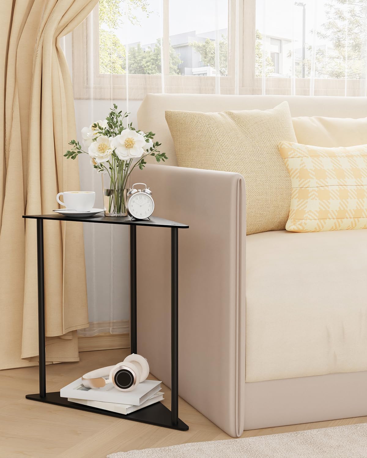 Yawinhe Metal Side Table,Triangle End Table with 2-Tier Storage Shelves,Triangular Nightstand Bedside Table for Small Spaces,Small Triangle Coffee Table for Living Rooms,Bedrooms,Black, SZJ202B-1