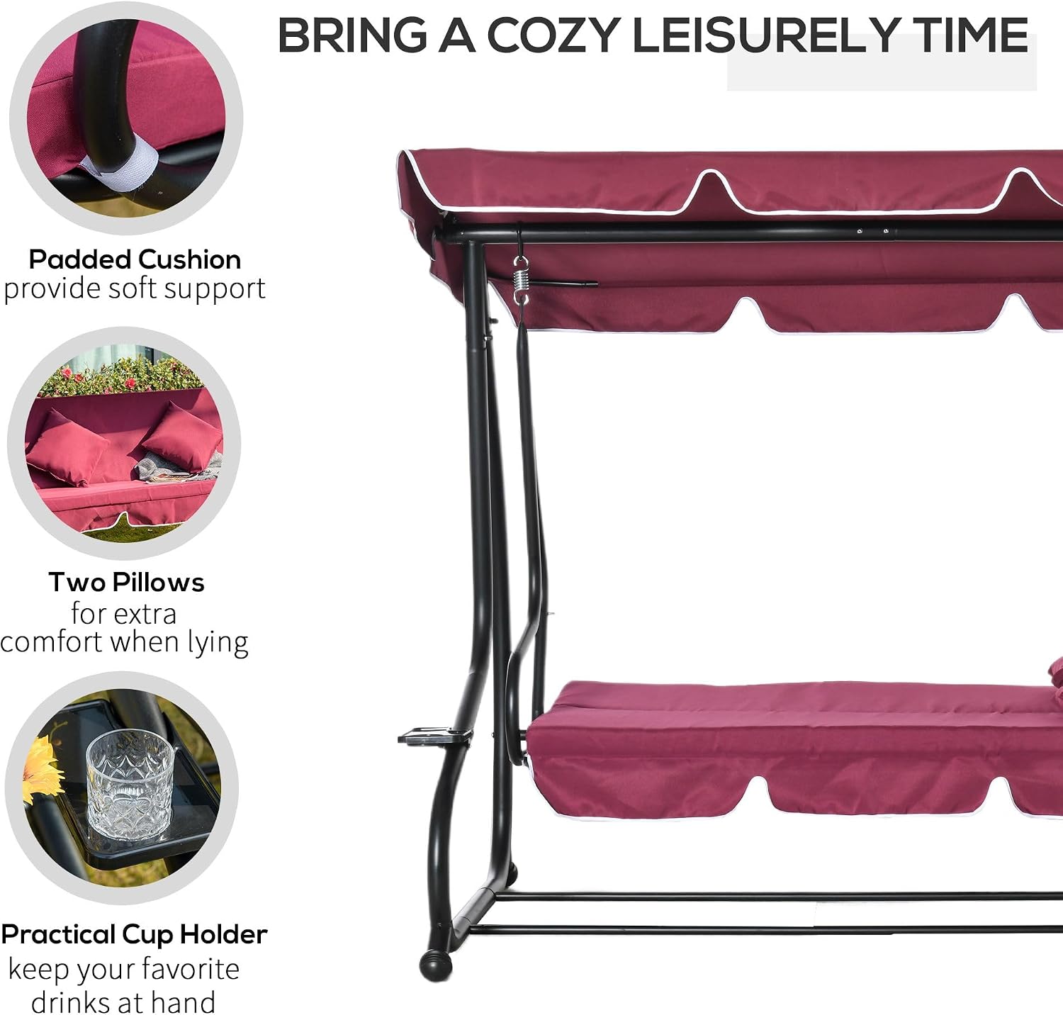 3-Person Outdoor Porch Swing Bed with Canopy and Cup Holders