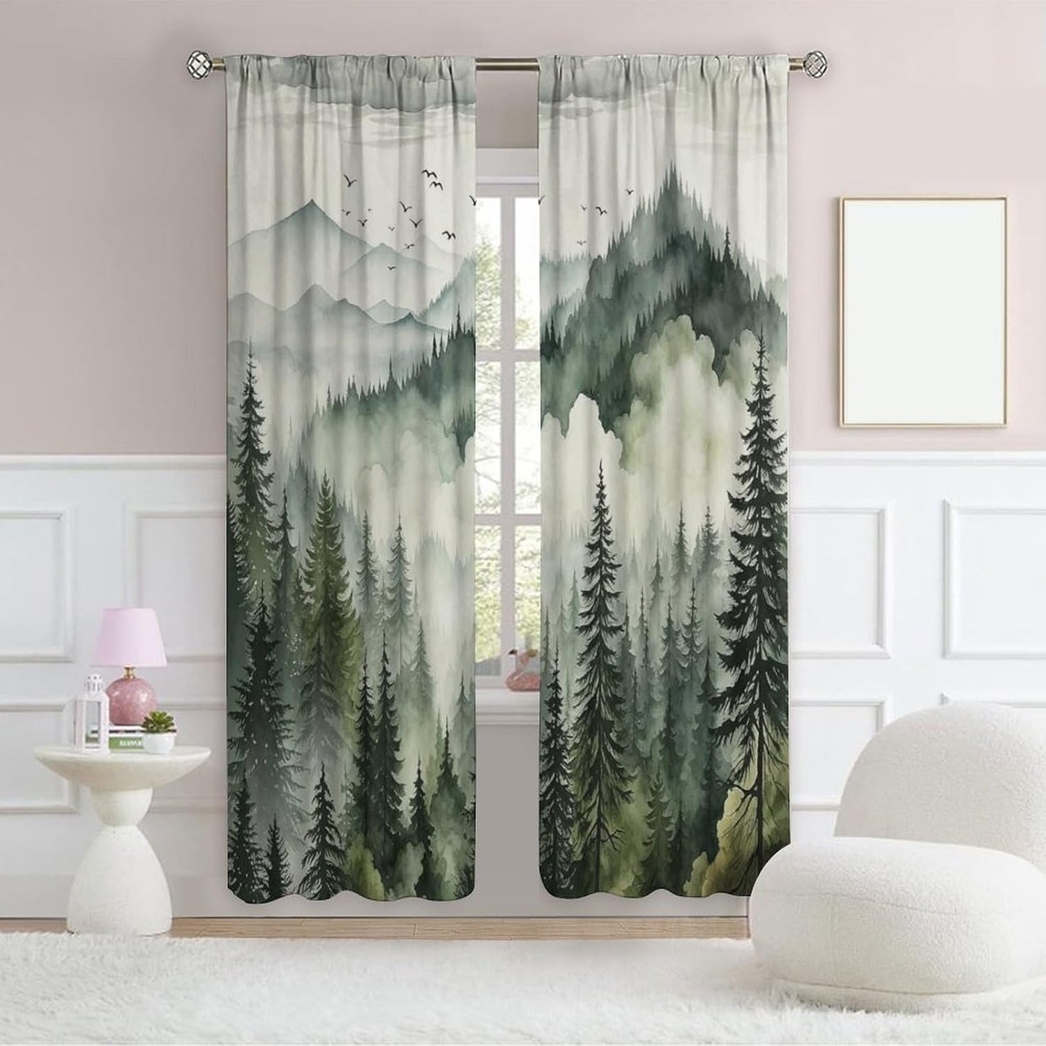 Woodland Curtains Nature Forest Theme, Vintage Rustic Watercolor Green Misty Landscape Print Rod Pocket Drapes for Kitchen Bathroom Living Room Kids Room, 2 Panels W52 x L84 Inch