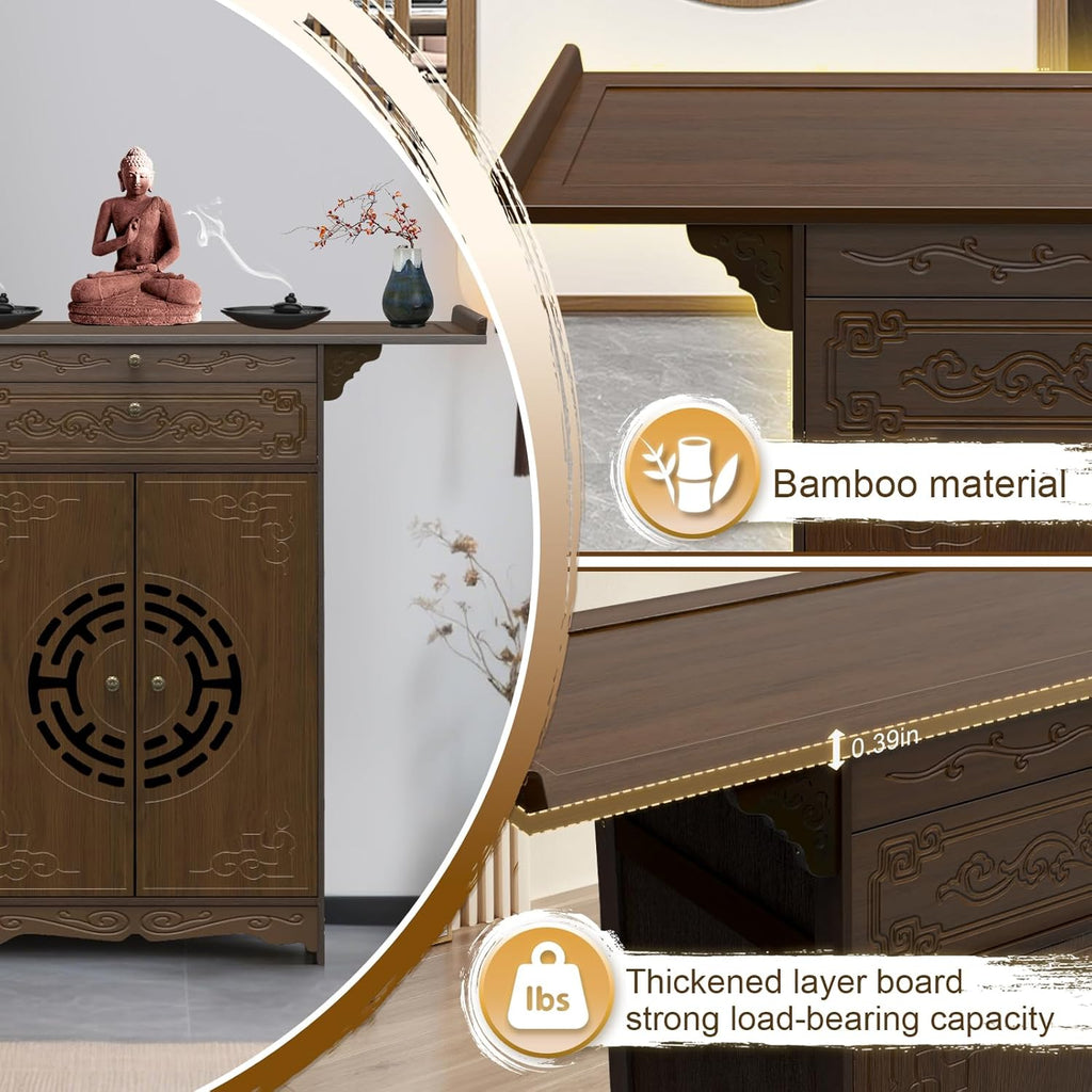 Altar Table for Spiritual, Buddhist Altar Table with Storage, Intricate Chinese Meditation Cabinet Pedestal Offering Desk, Personal Prayer Shrine Desk for Incense and Pray