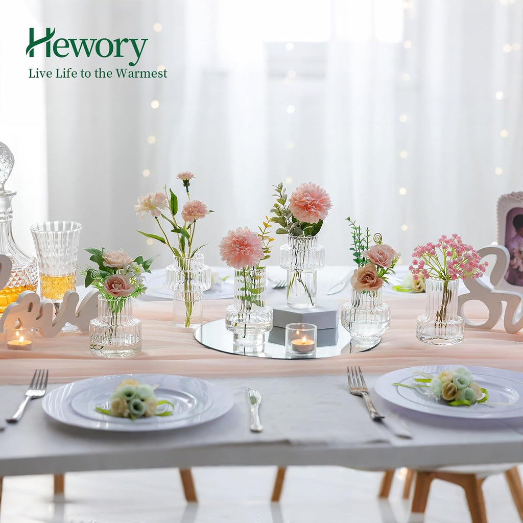 Hewory Ribbed Bud Vases for Centerpieces: Set of 16 Small Clear Glass Vase for Bridal Baby Shower Home Decor - Modern Table Decoration for Wedding & Event Planners