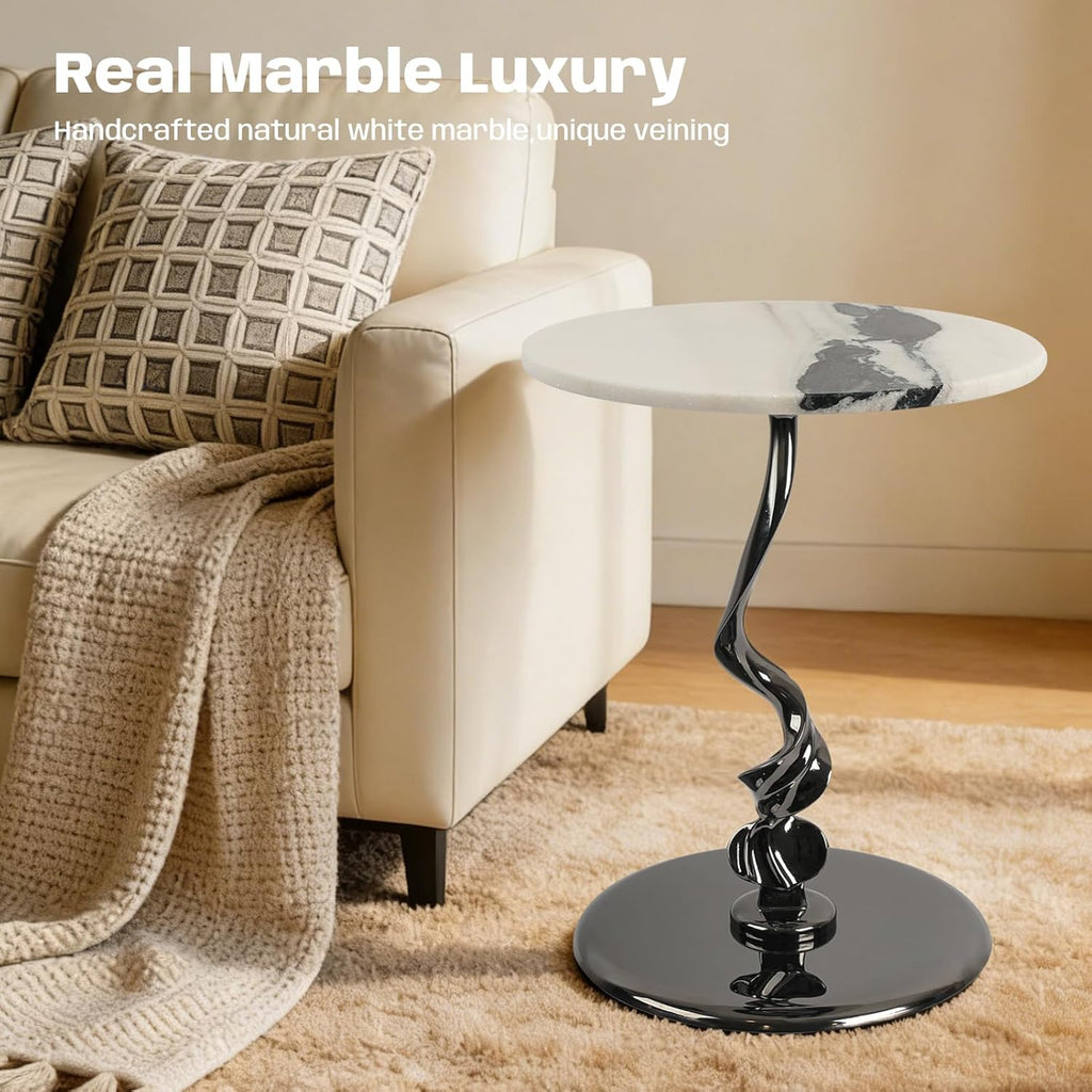 Round Marble Side Table 16 Inch Pedestal End Table for Living Room | natural marble top stainless steel base easy to assemble coffee table plant stand decorative accent