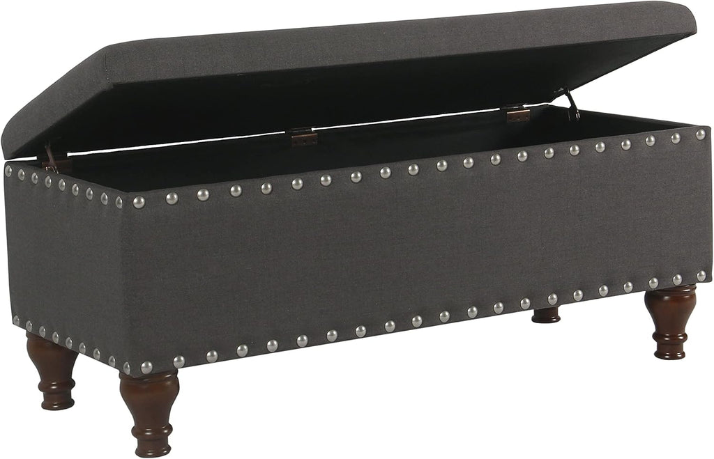 HomePop Upholstered Storage Bench with Nailhead Trim – Charcoal