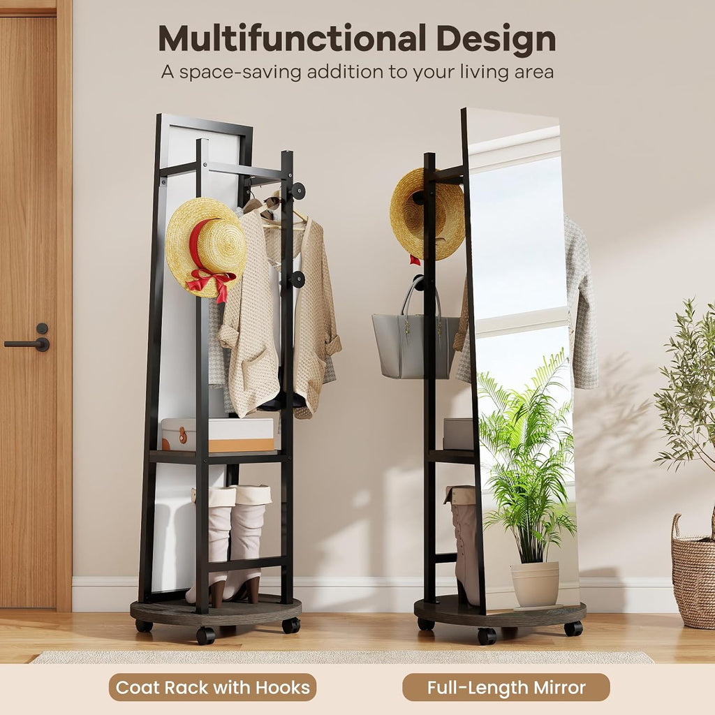 Tangkula Full Length Mirror with Coat Rack, Swivel 55" Standing Floor Mirror on Wheels with Shelves, Hanging Rods & Hooks, Coat Tree with Full Body Mirror for Living Room, Entryway, Bedroom