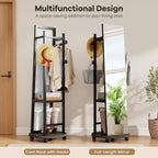 Tangkula Full Length Mirror with Coat Rack, Swivel 55" Standing Floor Mirror on Wheels with Shelves, Hanging Rods & Hooks, Coat Tree with Full Body Mirror for Living Room, Entryway, Bedroom