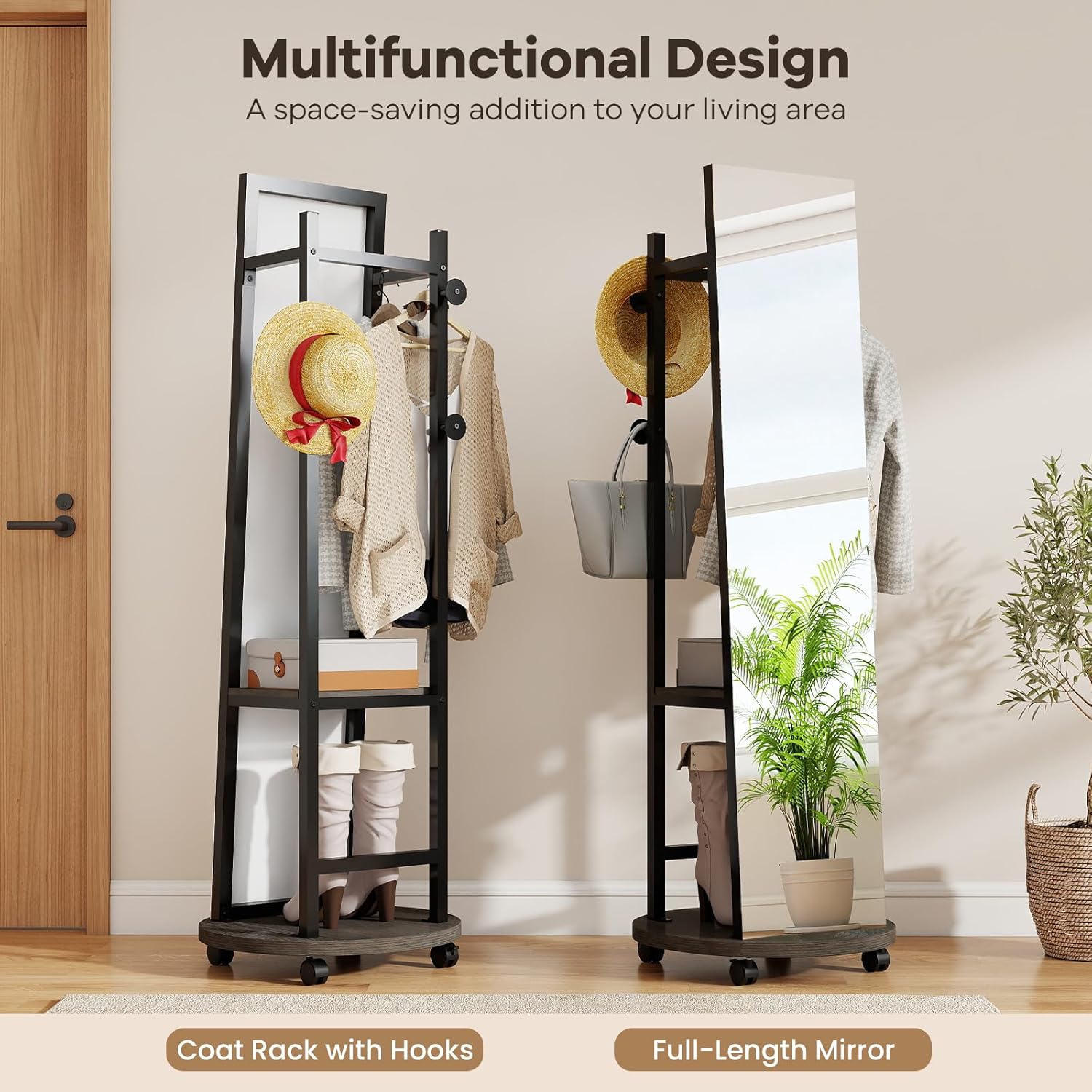 Tangkula Full Length Mirror with Coat Rack, Swivel 55" Standing Floor Mirror on Wheels with Shelves, Hanging Rods & Hooks, Coat Tree with Full Body Mirror for Living Room, Entryway, Bedroom