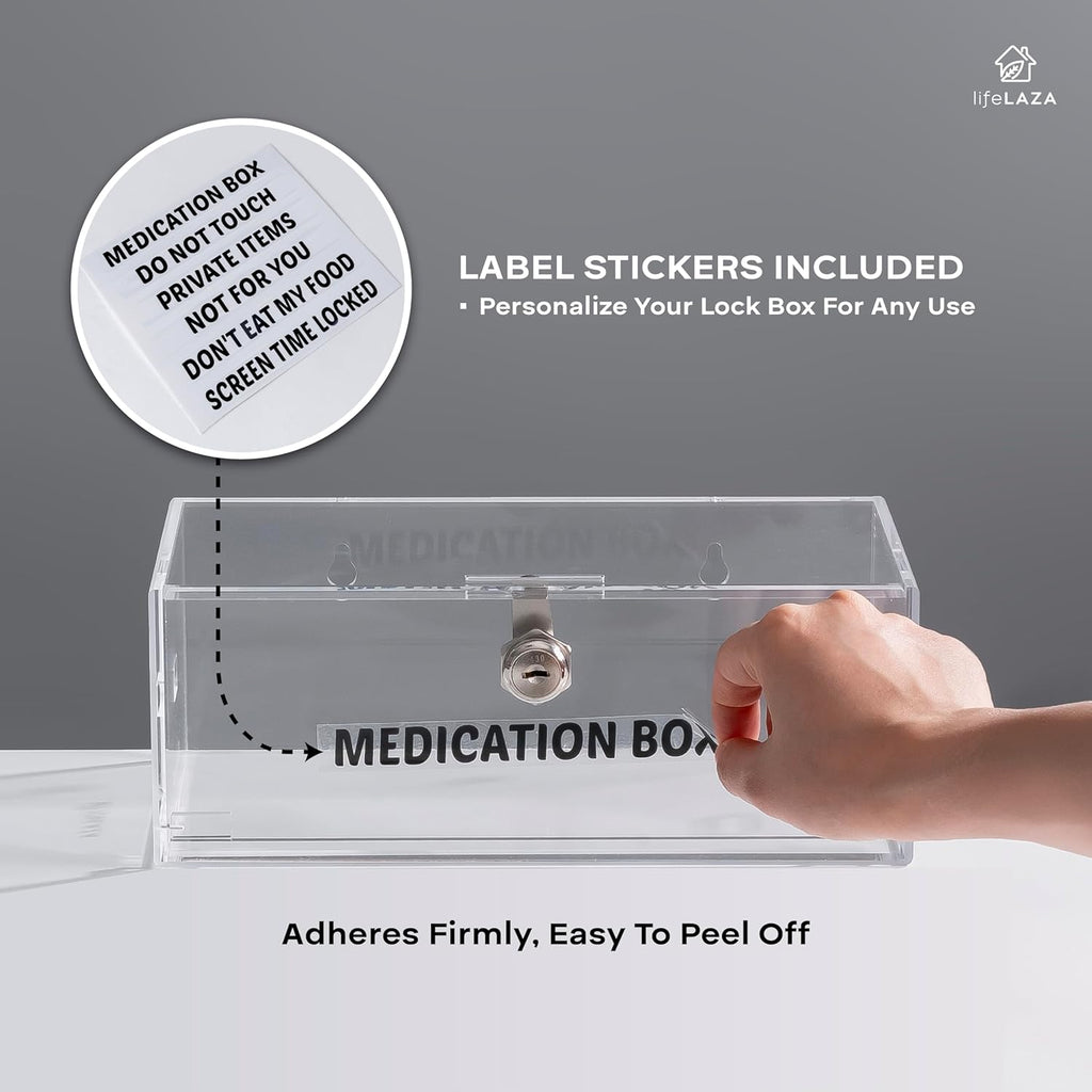 LifeLAZA Acrylic Refrigerator Lock Box, Medication Lock Box With 4 Key, Wall Mount Clear Safe Lockbox with Labels for Phone, Fridge, Food, Medicine