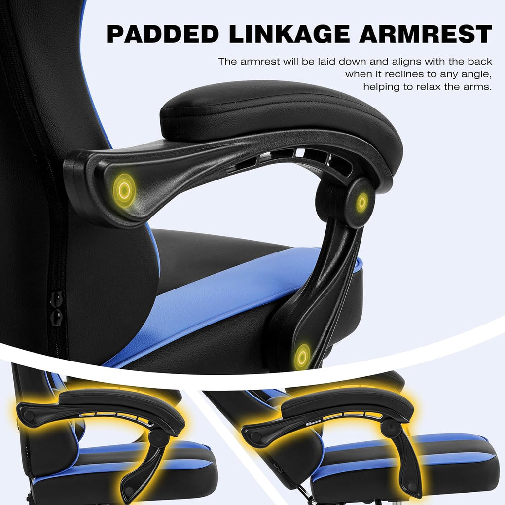 Gaming Chair with Footrest, Comfy Video Game Chairs for Adults Boys with Adjustable Lumbar Support, Linkage Armrests, Reclining Ergonomic Computer Chair for Gaming Office, 360°Swivel, Blue
