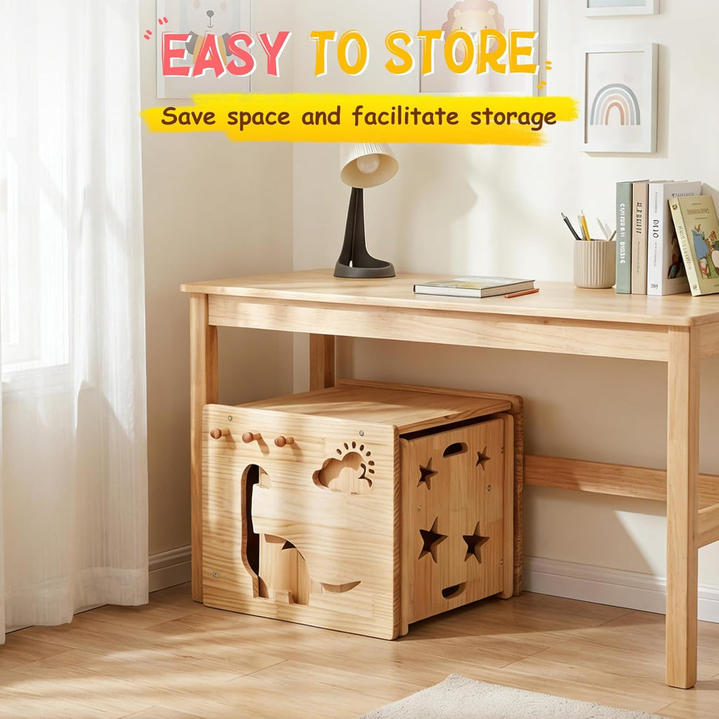 Montessori Weaning Table and Chair Set, 1-3 Year Old Kids Table and Chairs with Blackboard, Wooden Toddler Table and Chair Set Storage Hooks, Puzzle Storage Boards, for Dining, Sketching, and Reading