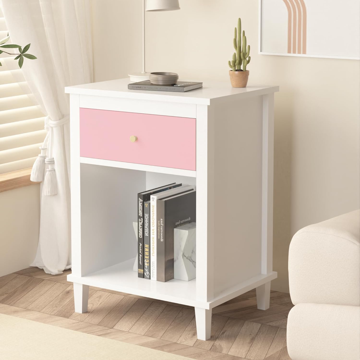 Kids Nightstand with One Drawer, Modern Nightstand, End Table for Boys and Girls, for Living Room, Bedroom (Pink)