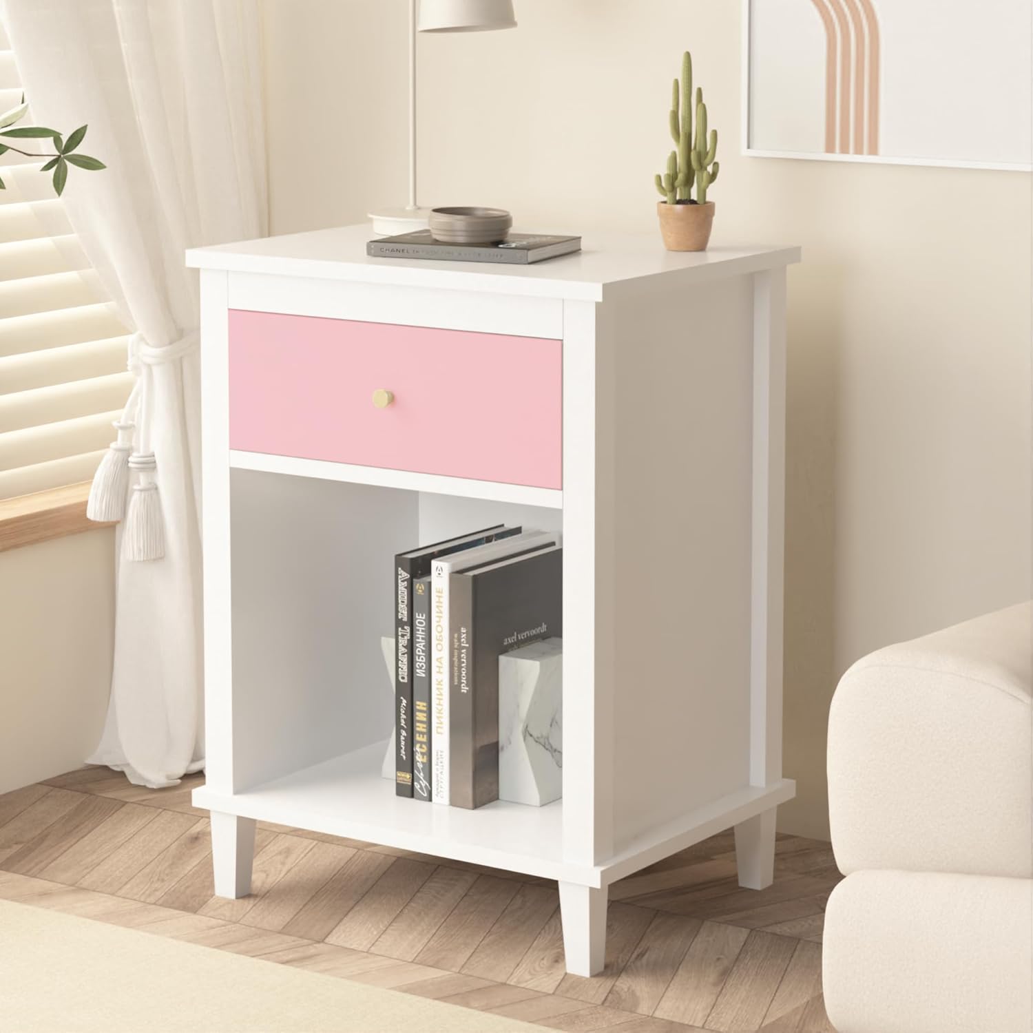 Modern Kids Nightstand Girls Bedroom Night Stand with Drawer & Open Storage Shelf, Bedroom Furniture, MDF, Aluminum Handles, Easy Setup (Pink)