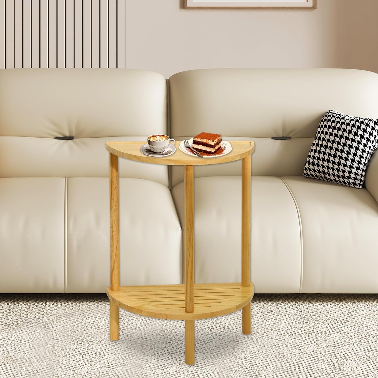 End Table Half Moon Side Tables, 2 Tier Half Round Side Table, Sofa Side Half Round Table with 2-Tier Storage Shelves, Nightstand for Living Room, Bedroom, Small Space, Rustic Brown, Boho Side Table