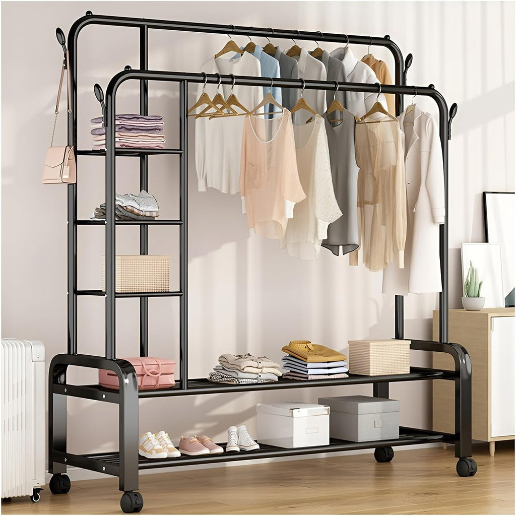Double Rail Wardrobe nizer - 2-Tier Stora Shelf with 4 Hoo & Wheels - Versatile Closet nizer for Bedroom & Retail - Space-Saving Design (150x50x162cm)