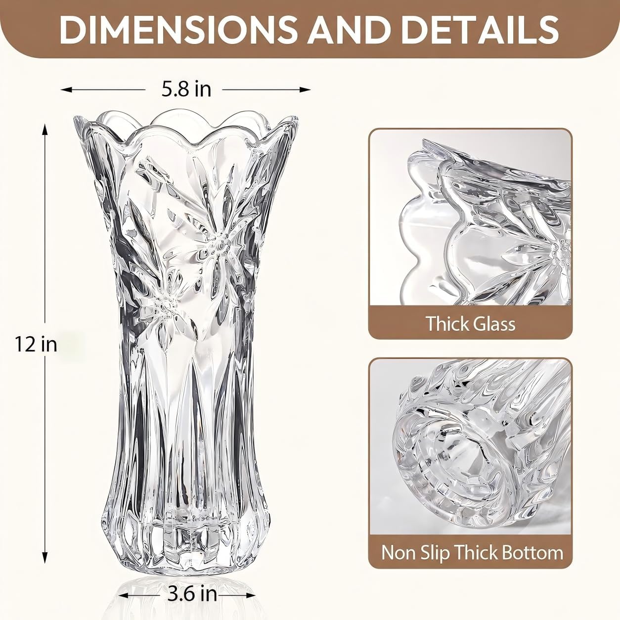 JASVIC 12 Inch Crystal Vases for Flowers, Tall Glass Flower Vase for Bouquet, Elegant Modern Large Vase, Orchid Textured Design Decorative Vase for Living Room Dining Table Centerpiece, Wedding Gift