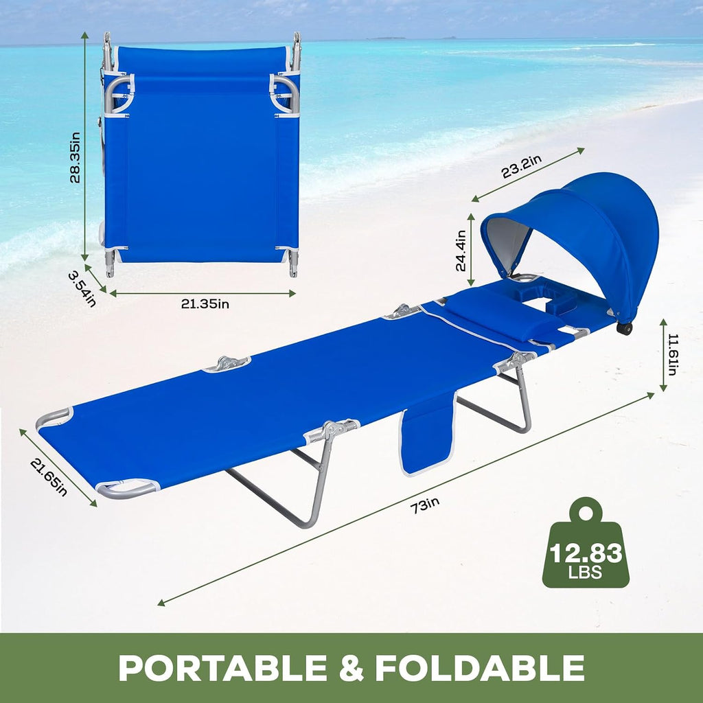 2PK Face-Down Tanning Beach Chair with UPF 50+ Canopy, Adjustable Folding Sunbathing Lounger with Face Hole & Arm Slots, Lightweight Reclining Chair for Beach & Pool, Royal Blue